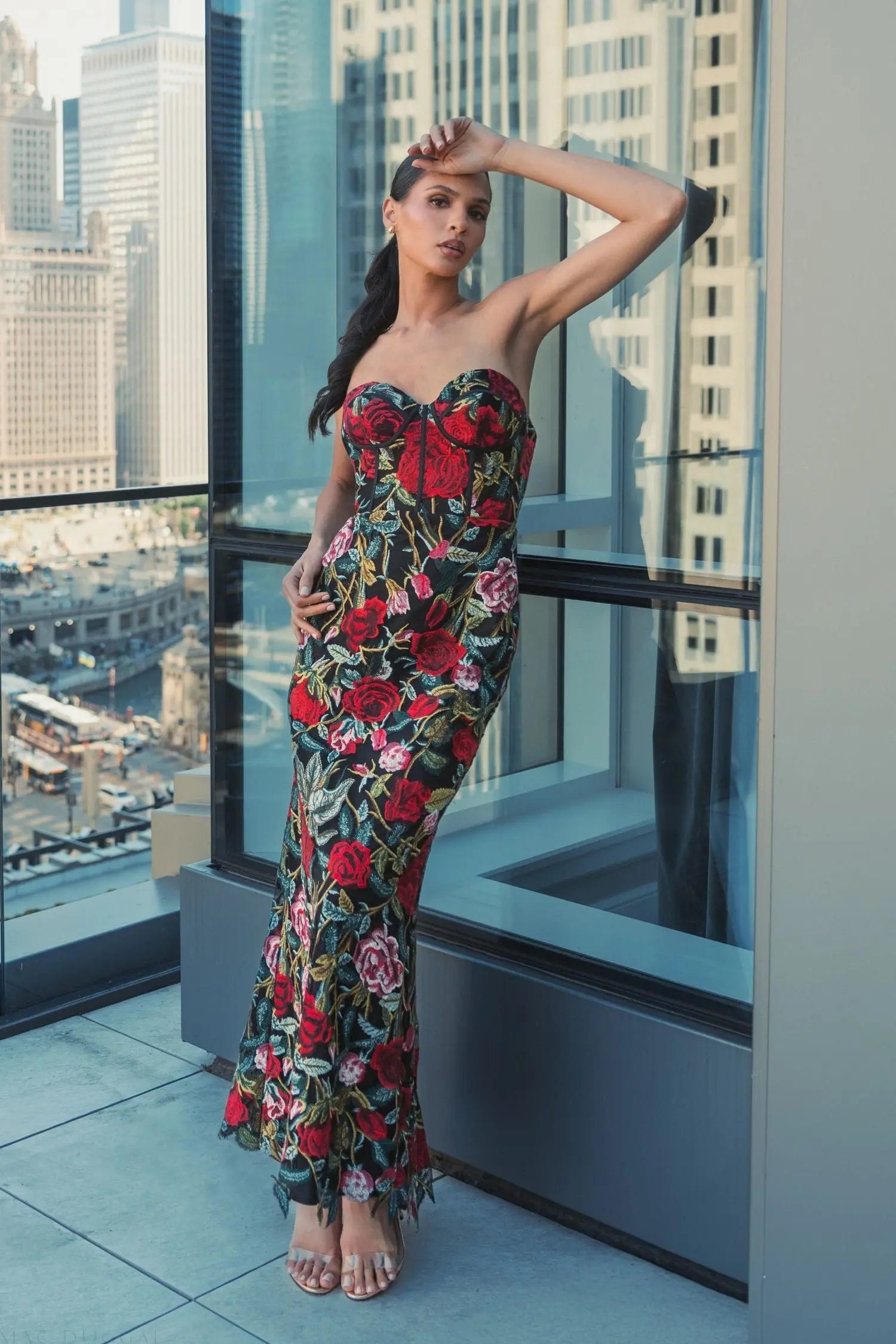 Black Sheer Bustier Top Floral Applique Gown - Mac Duggal