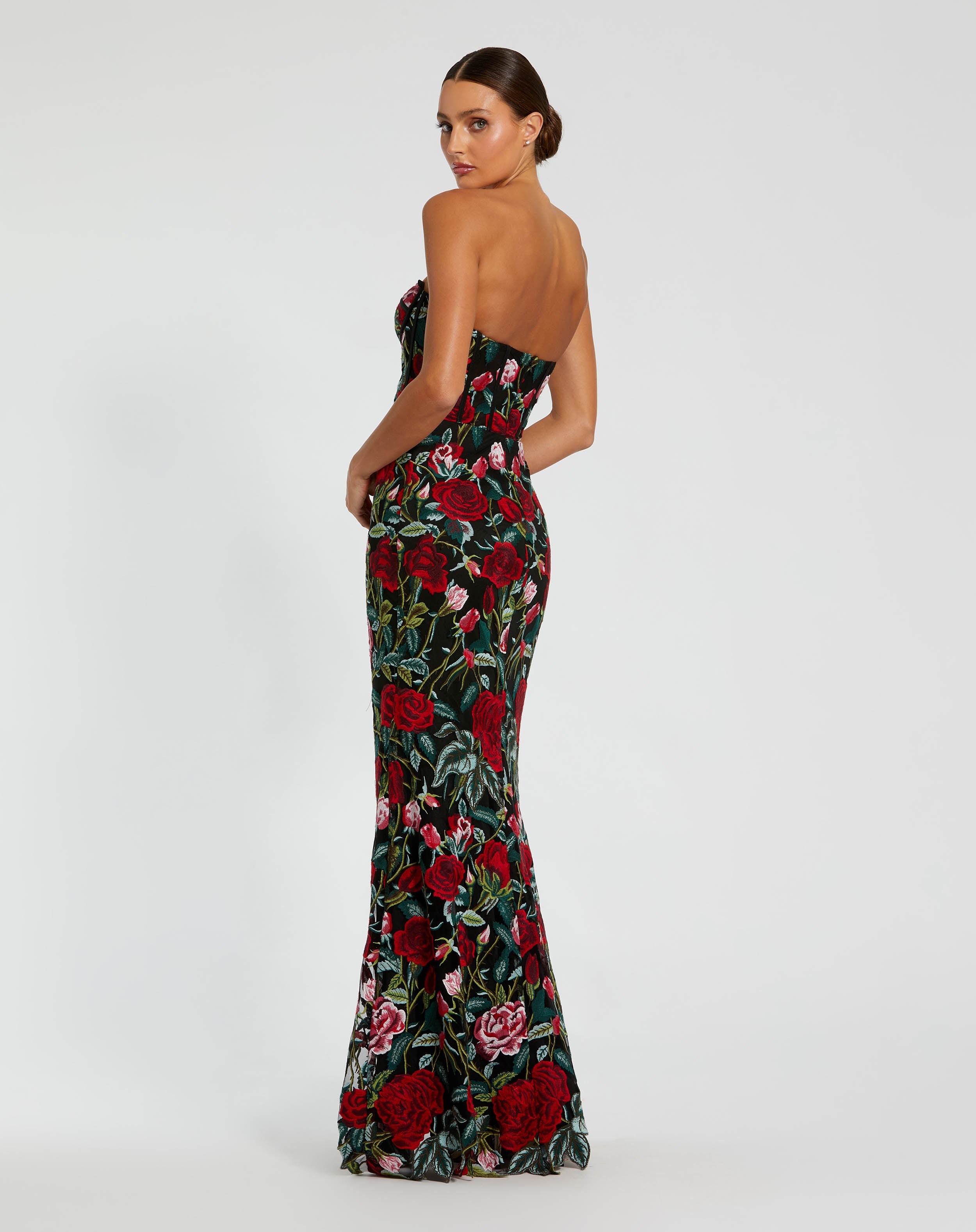 Sheer Bustier Top Floral Applique Gown