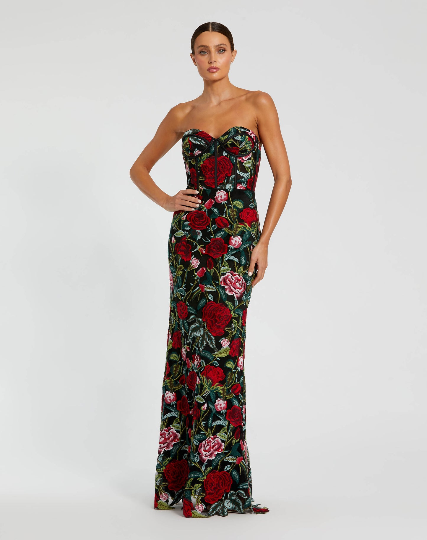 Sheer Bustier Top Floral Applique Gown