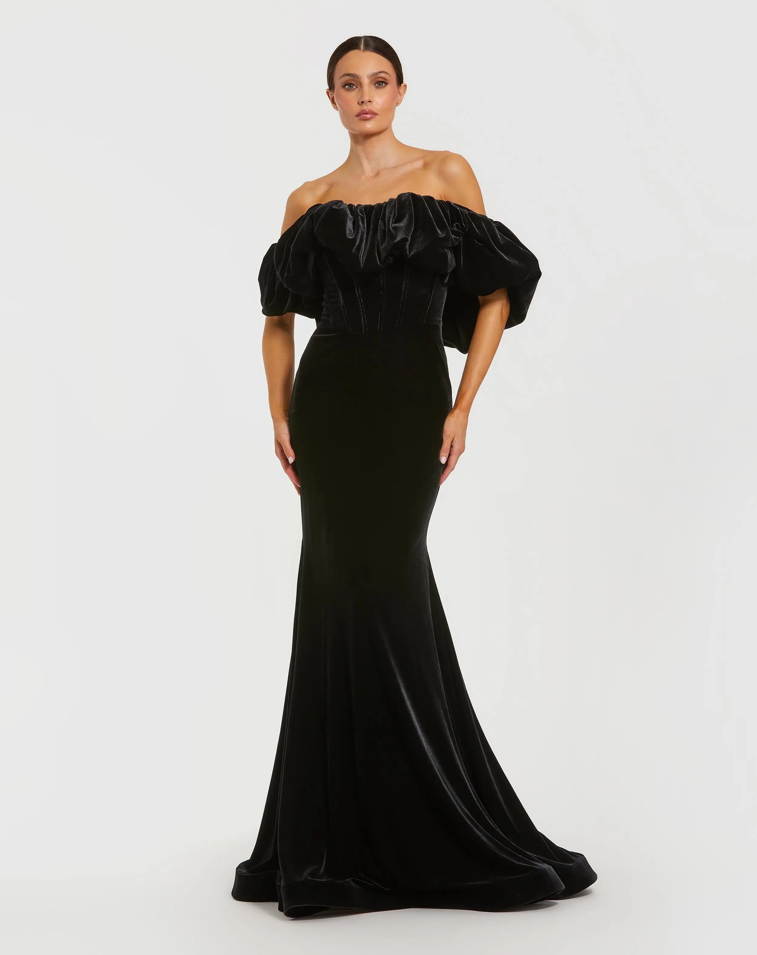 Black Off The Shoulder Velvet Bustier Mermaid Gown - Mac Duggal