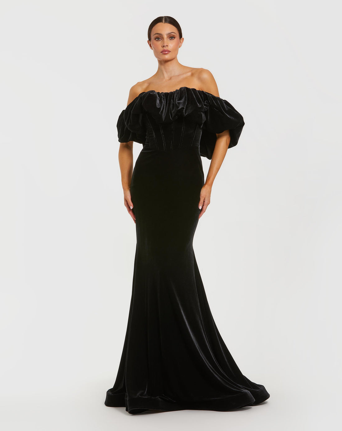 Black Off The Shoulder Velvet Bustier Mermaid Gown - Mac Duggal
