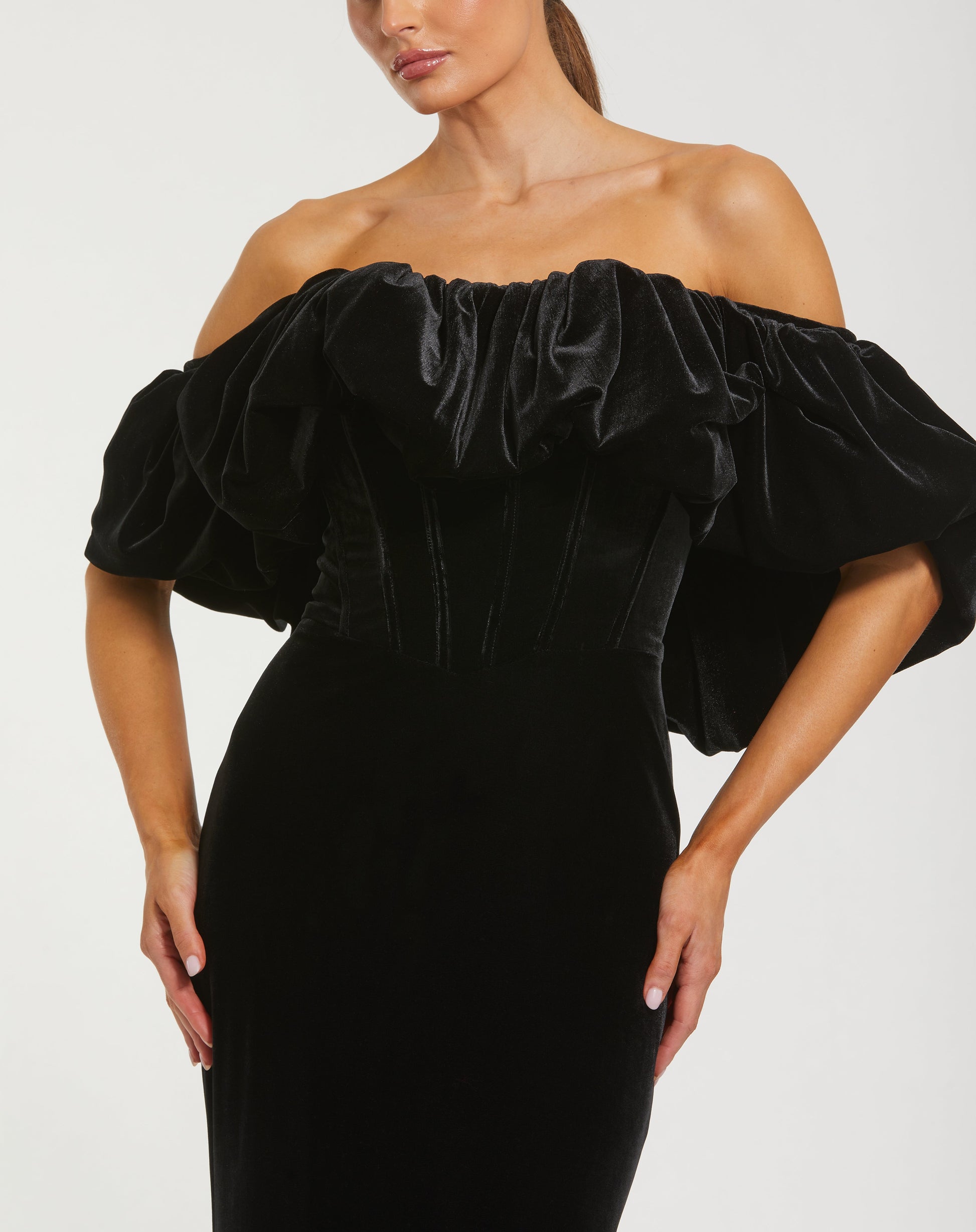 Black Off The Shoulder Velvet Bustier Mermaid Gown - Mac Duggal