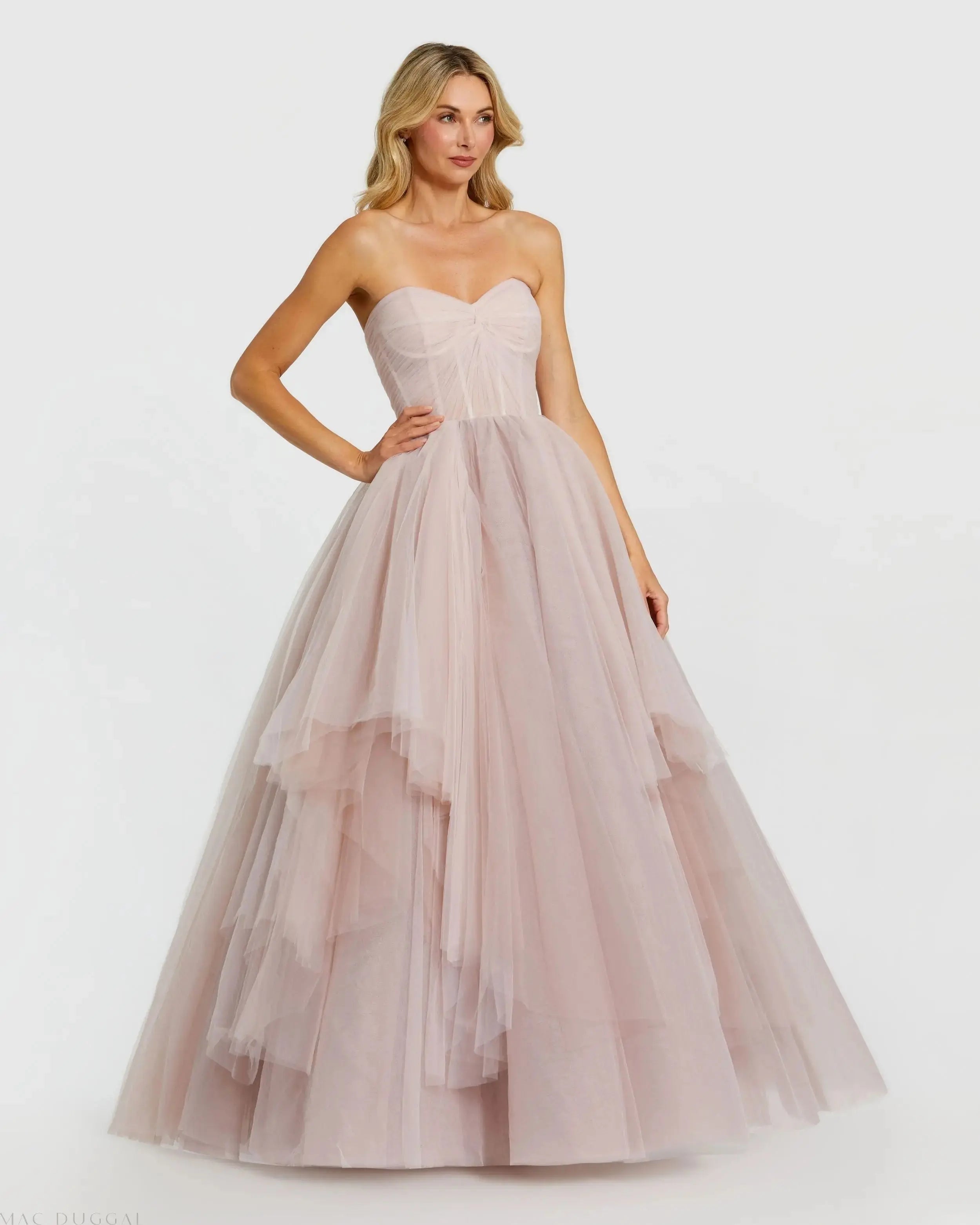 Pink Strapless Bustier Twist Top Ruffle Ballgown - Mac Duggal