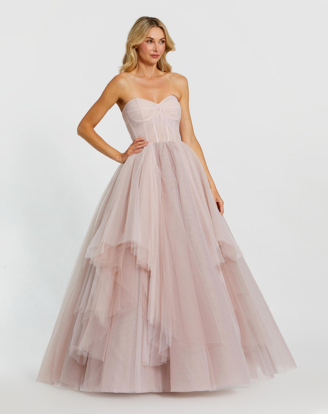 Strapless Bustier Twist Top Ruffle Ballgown