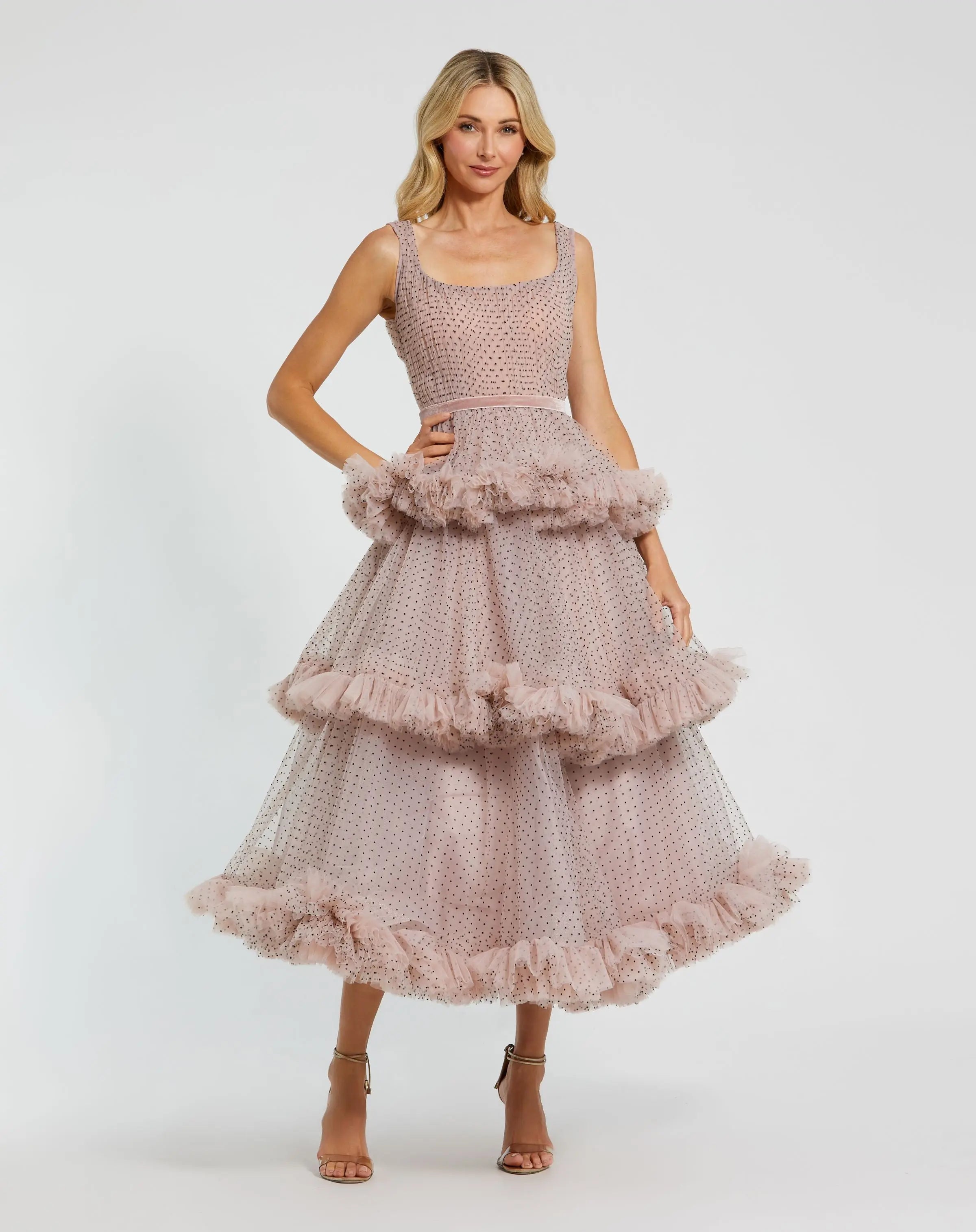 High Neck Flutter Sleeve Dot Net Ruffle Dress – Mac Duggal