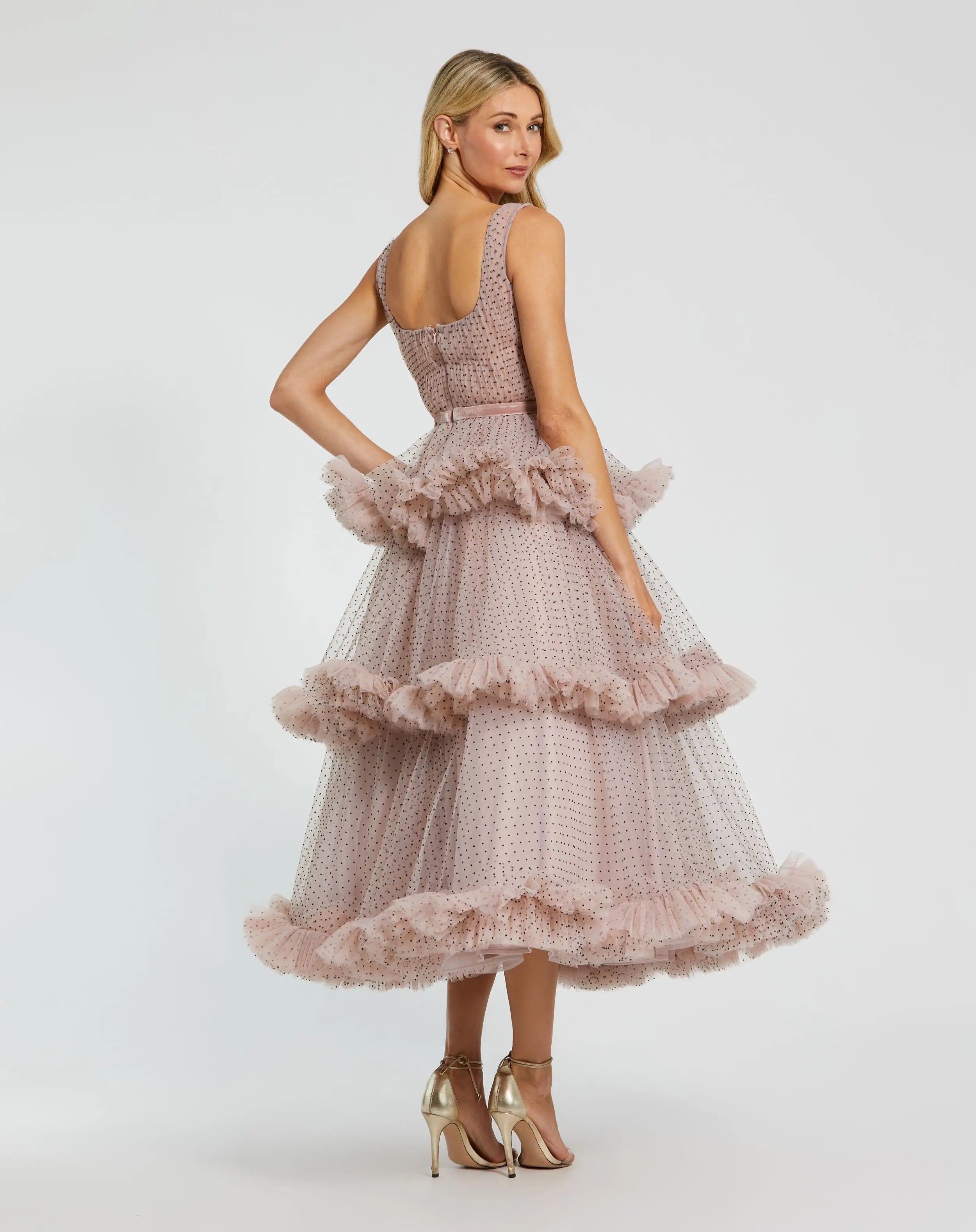 Pink Sleeveless Dot Net Ruffle Dress - Mac Duggal