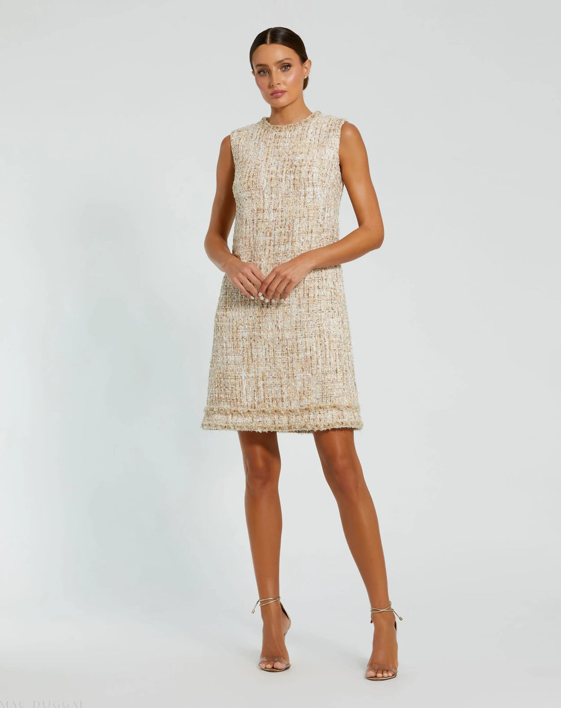 Beige Beaded Trim A-Line Mini Shift Dress - Mac Duggal Beige Beaded Trim A-Line Mini Shift Dress - Mac Duggal