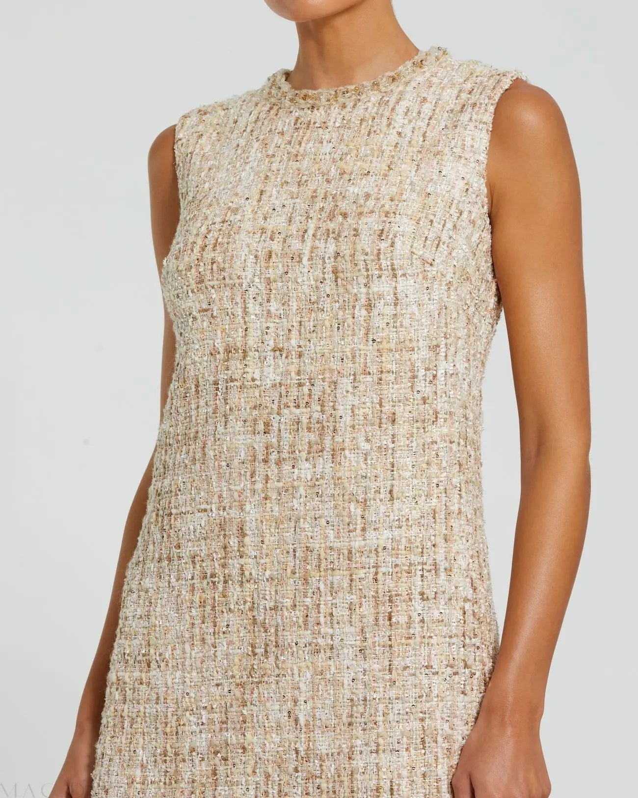 Beige Beaded Trim A-Line Mini Shift Dress - Mac Duggal Beige Beaded Trim A-Line Mini Shift Dress - Mac Duggal
