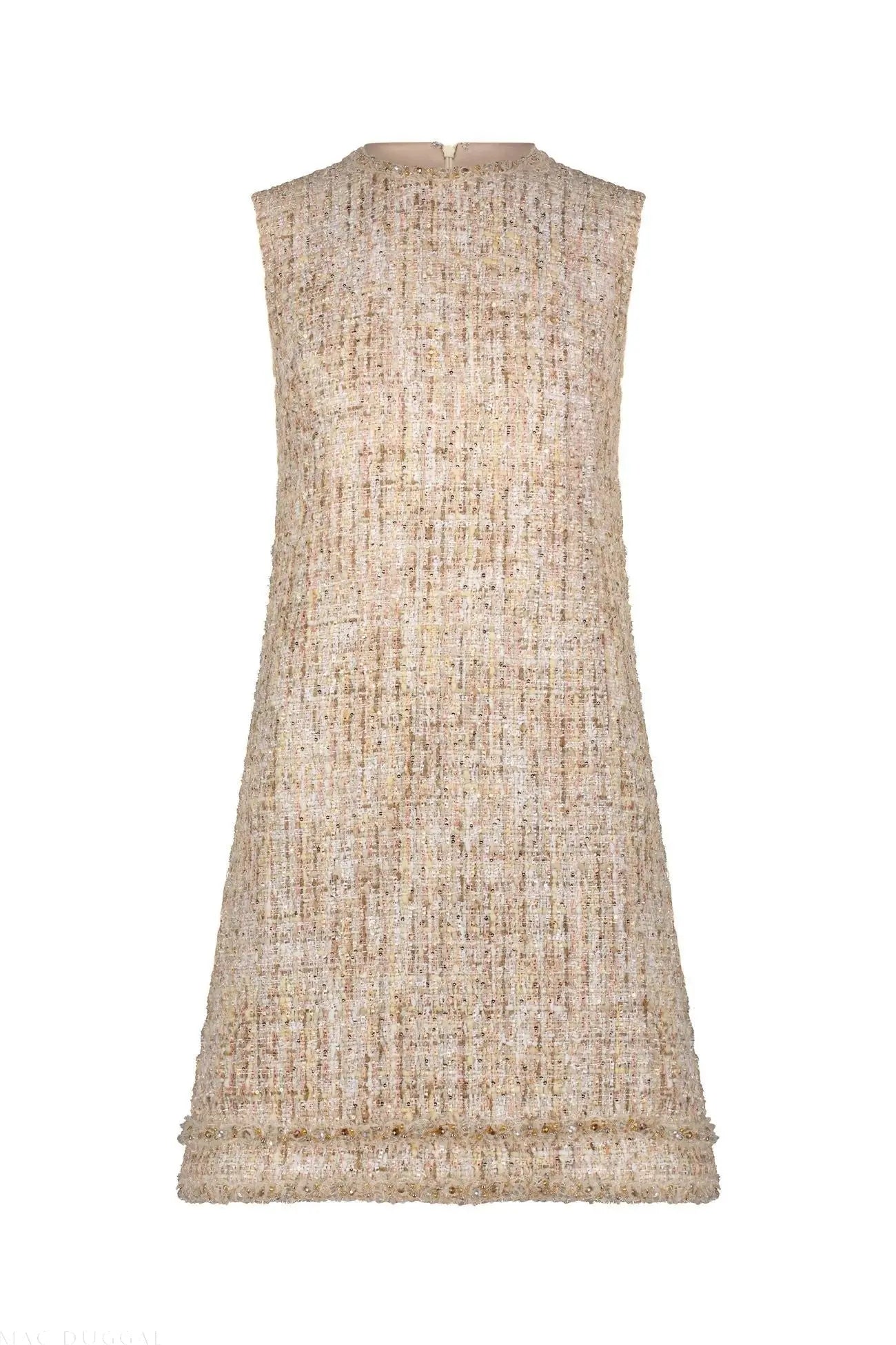 Beige Beaded Trim A-Line Mini Shift Dress - Mac Duggal Beige Beaded Trim A-Line Mini Shift Dress - Mac Duggal