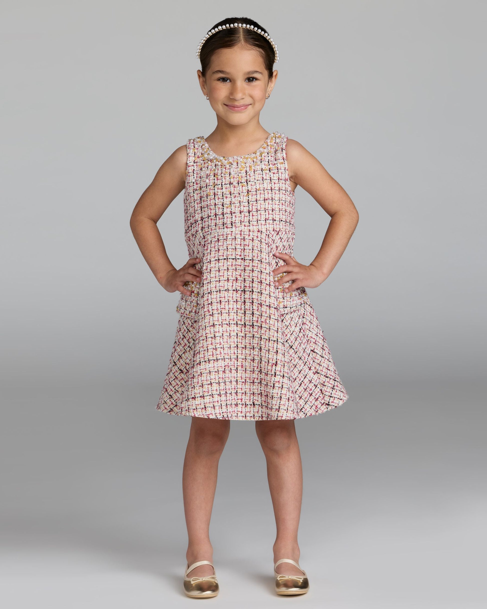 Girls Multicolor Beaded Boucle Mini Dress Mac Duggal