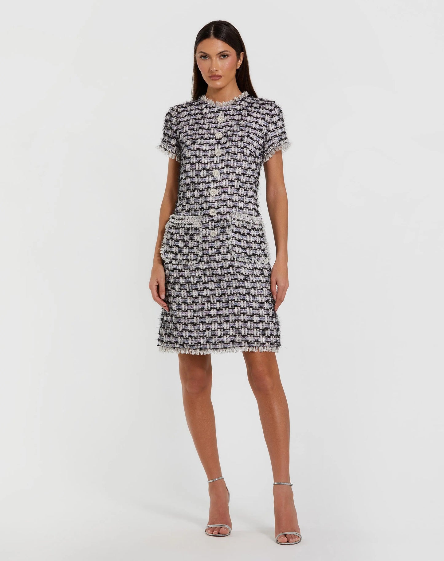 Black Multicolor Cap Sleeve Floral Button Detail Shift Dress - Ieena for Mac Duggal