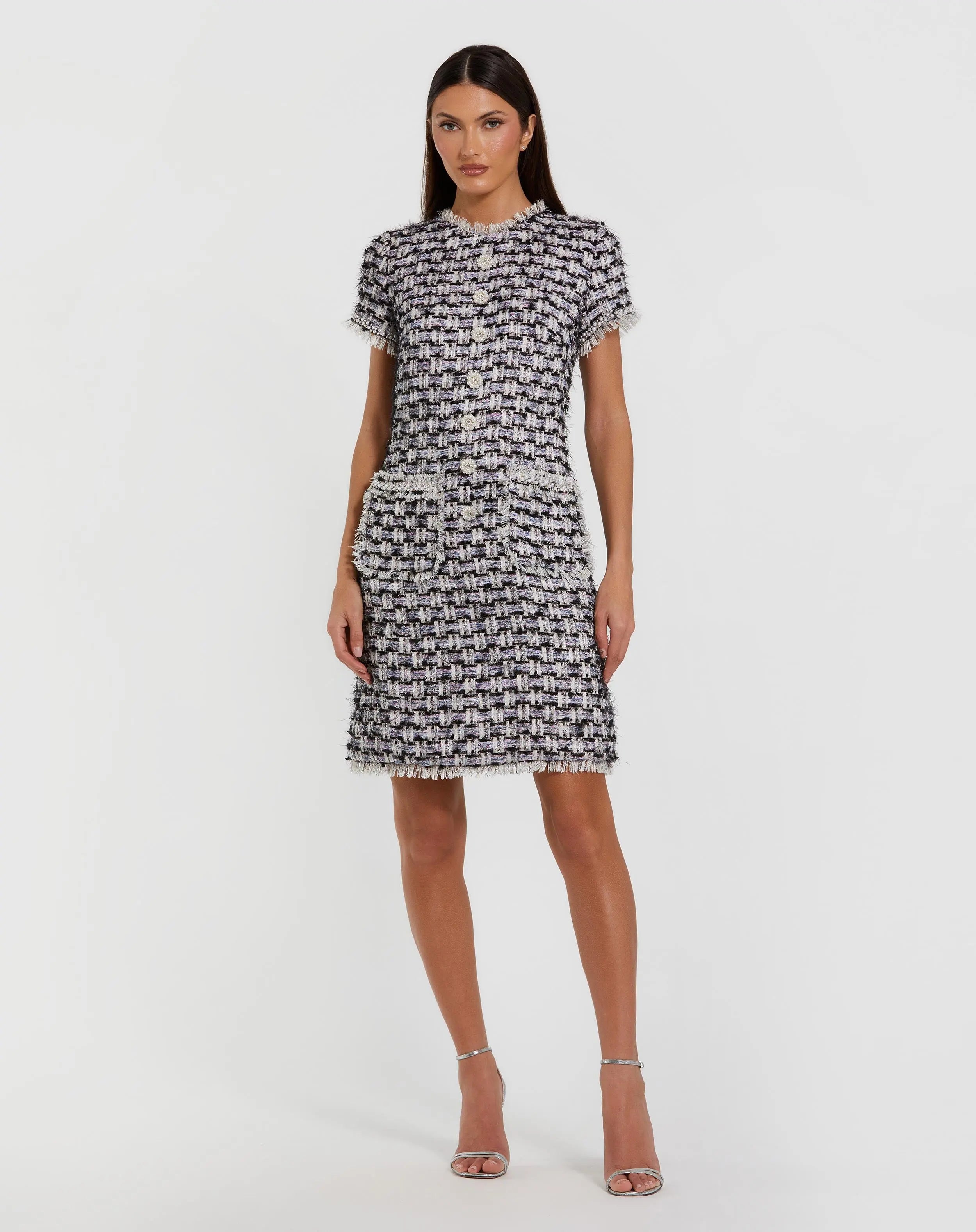 Black Multicolor Cap Sleeve Floral Button Detail Shift Dress - Ieena for Mac Duggal