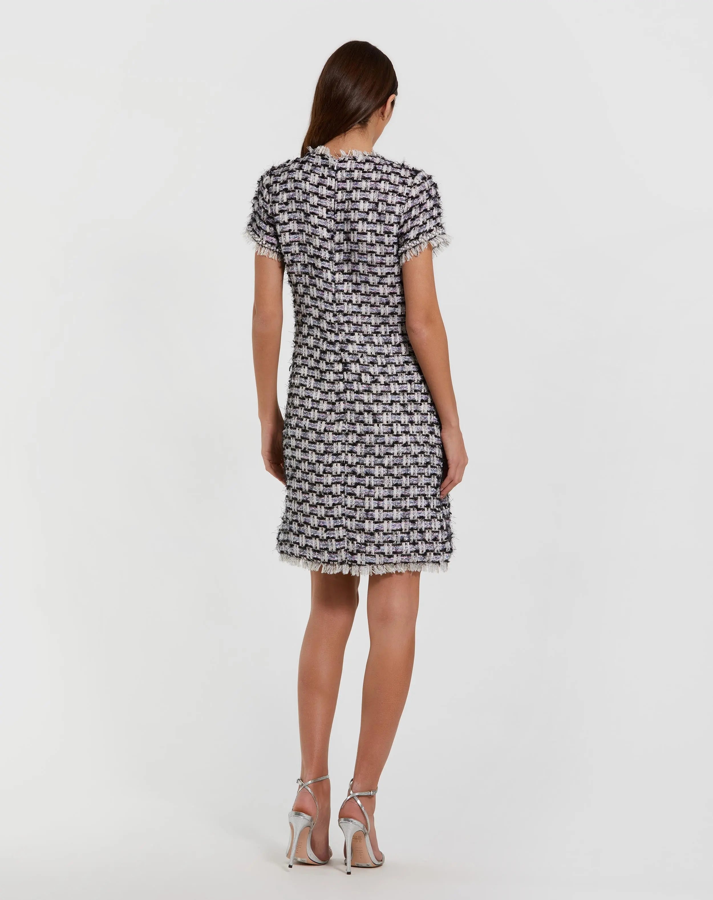 mac duggal long-sleeve jacquard shift mini dress Black Multicolor Cap Sleeve Floral Button Detail Shift Dress