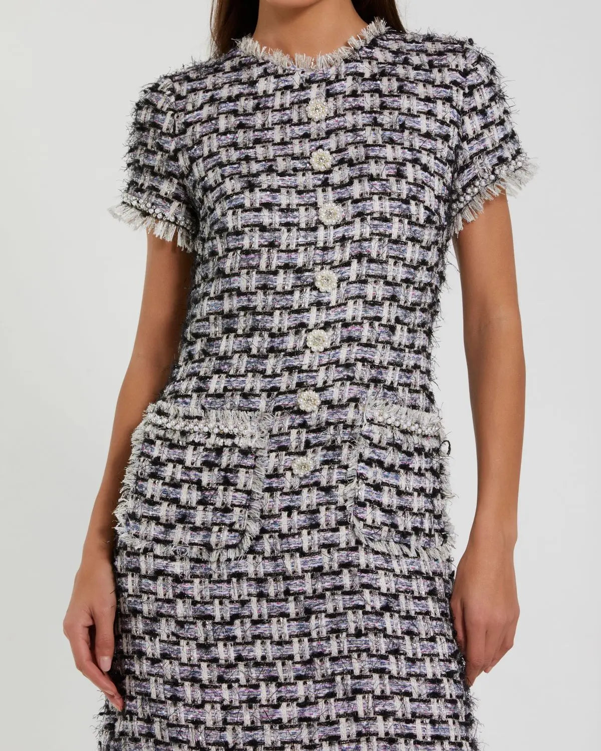 Black Multicolor Cap Sleeve Floral Button Detail Shift Dress Ieena for Mac Duggal