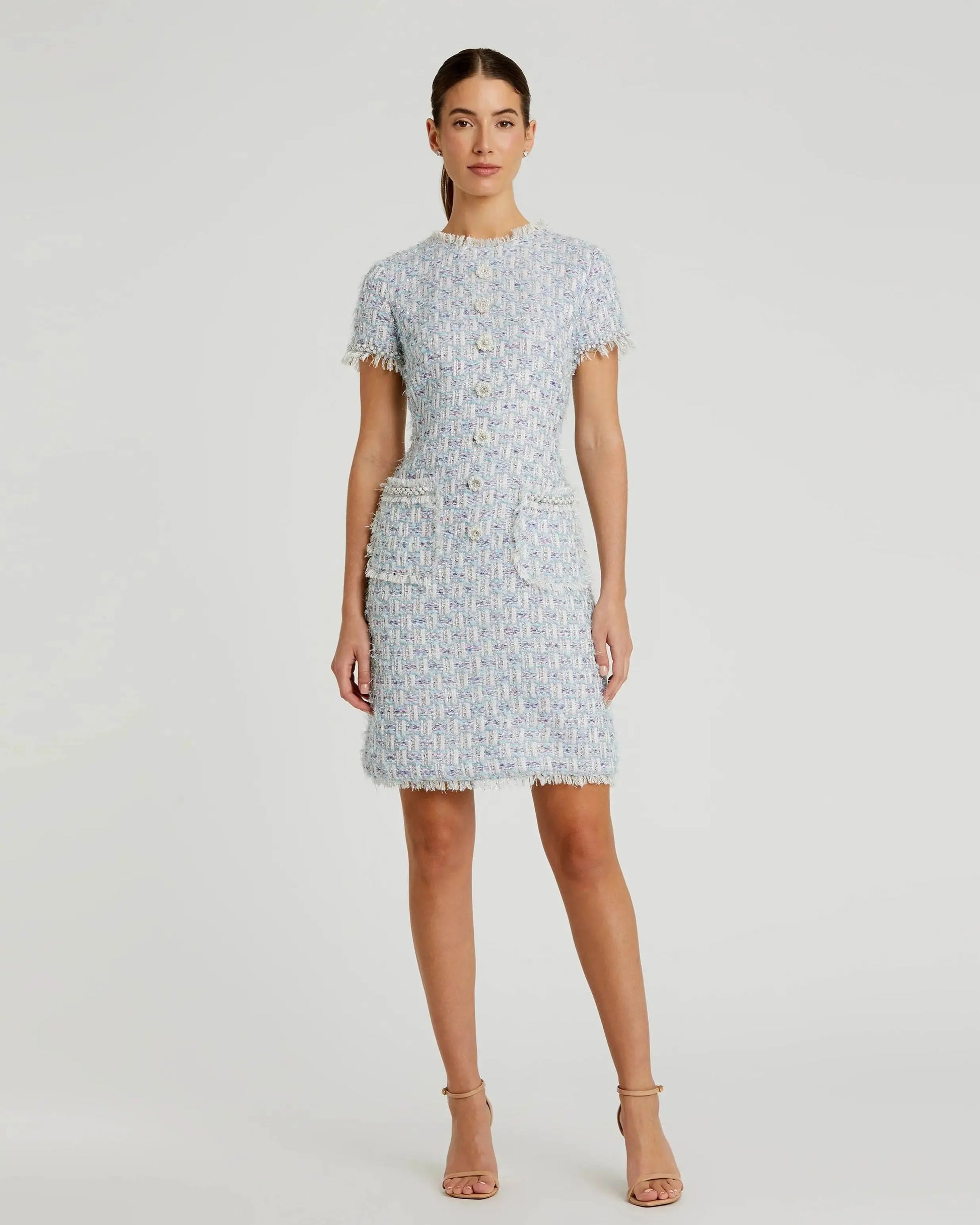 Ieena for Mac Duggal - Blue Cap Sleeve Floral Button Detail Shift Dress - L Ieena for Mac Duggal - Blue Cap Sleeve Floral Button Detail Shift Dress - L