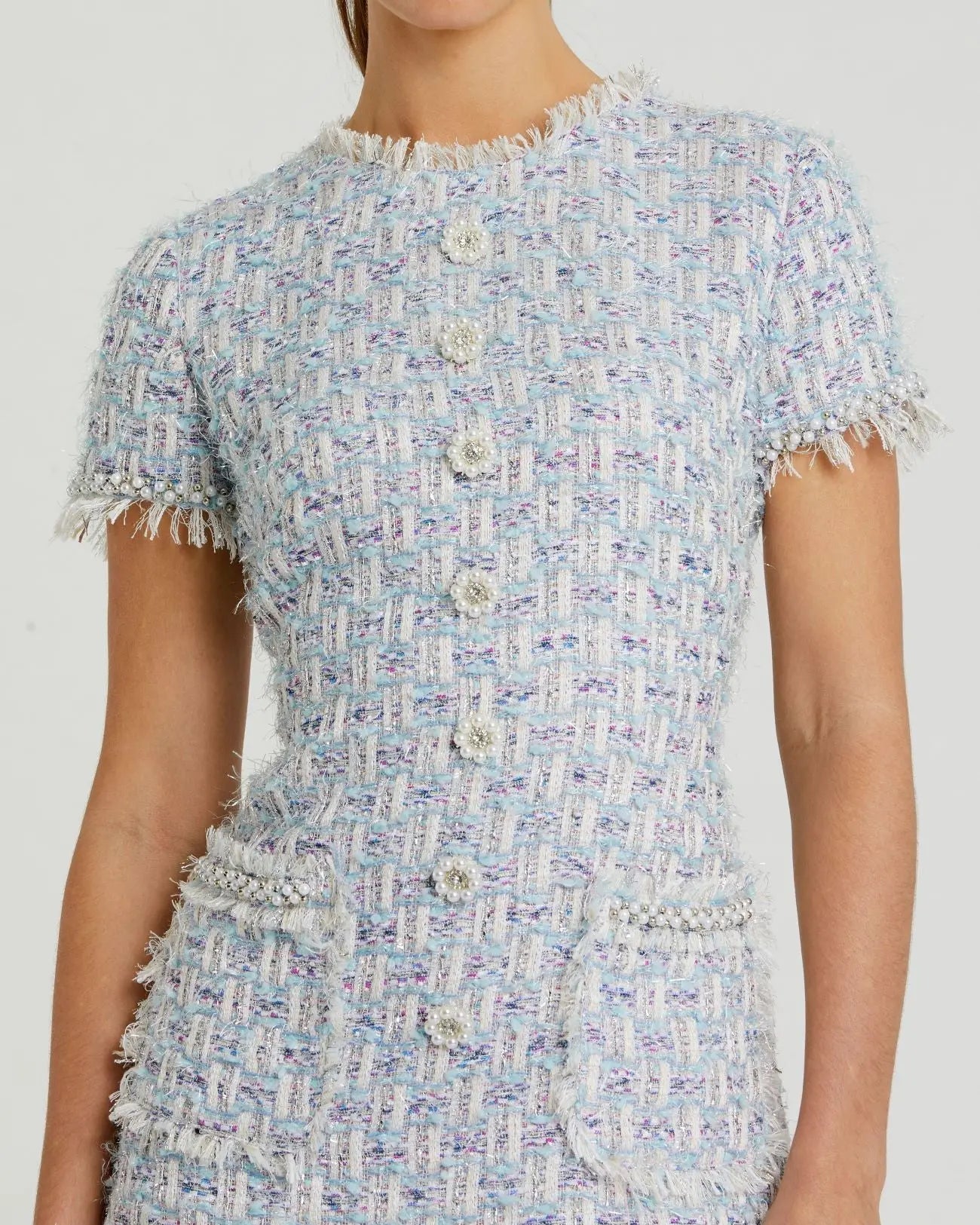 Blue Cap Sleeve Floral Button Detail Shift Dress - Mac Duggal