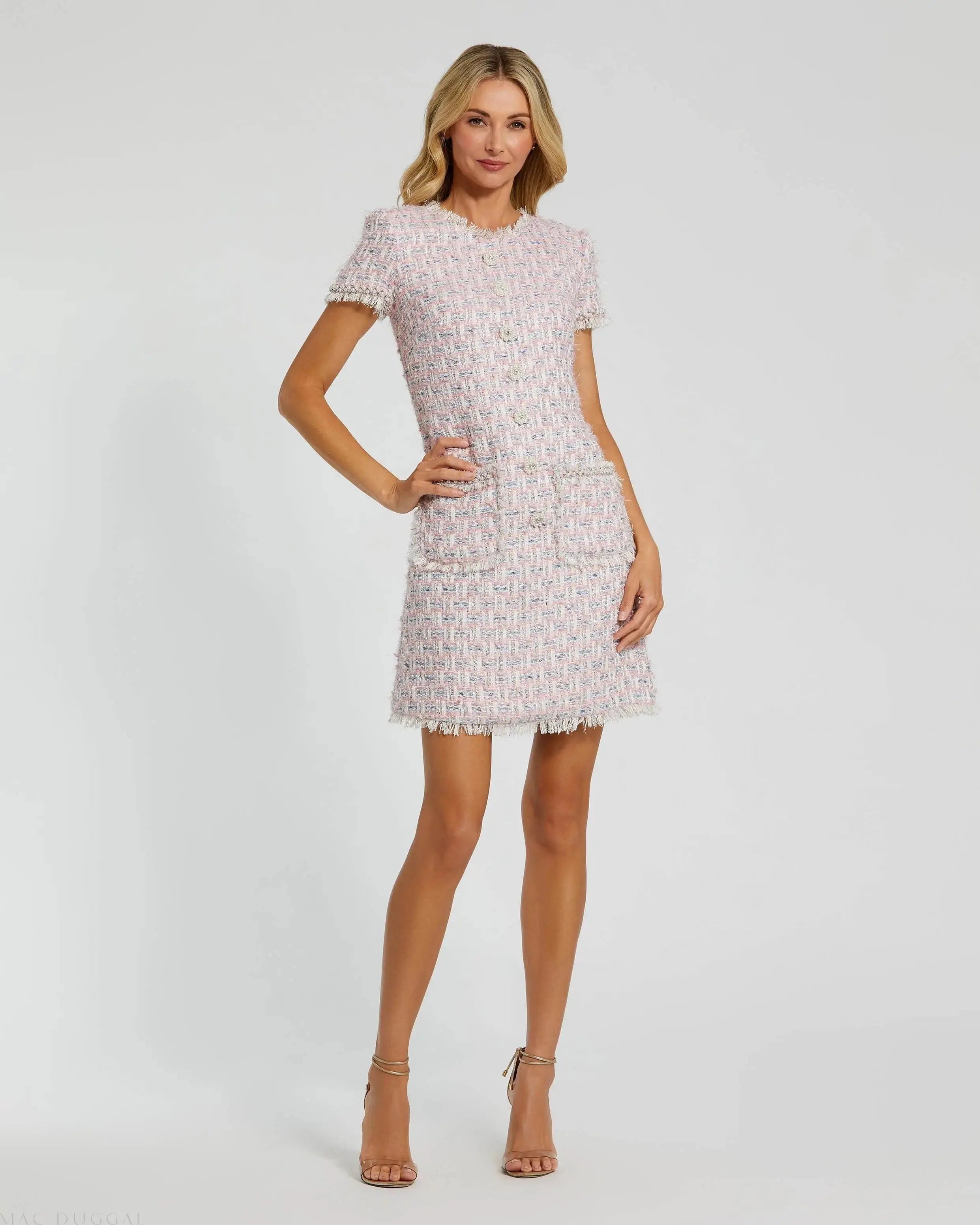 Pink Cap Sleeve Floral Button Detail Shift Dress - Mac Duggal

