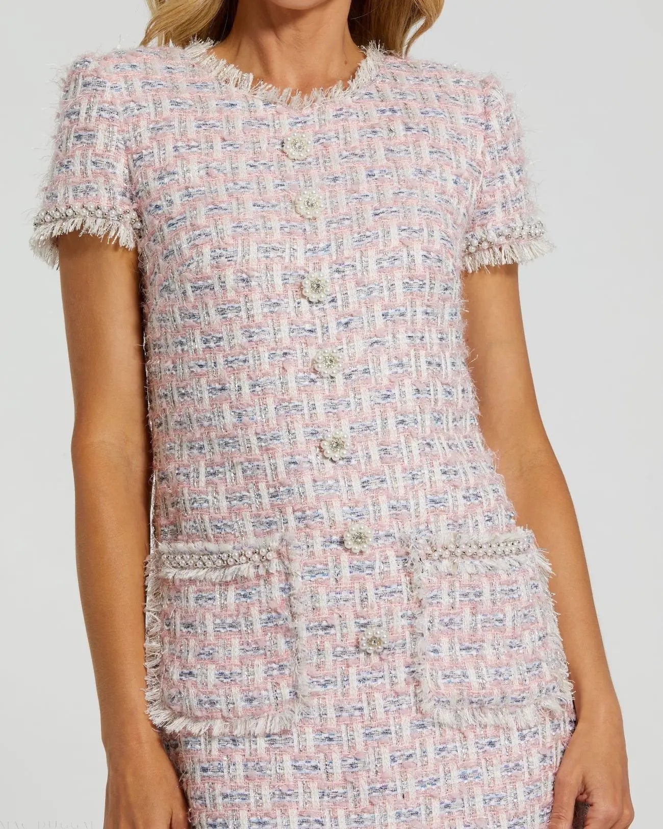 Pink Cap Sleeve Floral Button Detail Shift Dress - Mac Duggal
