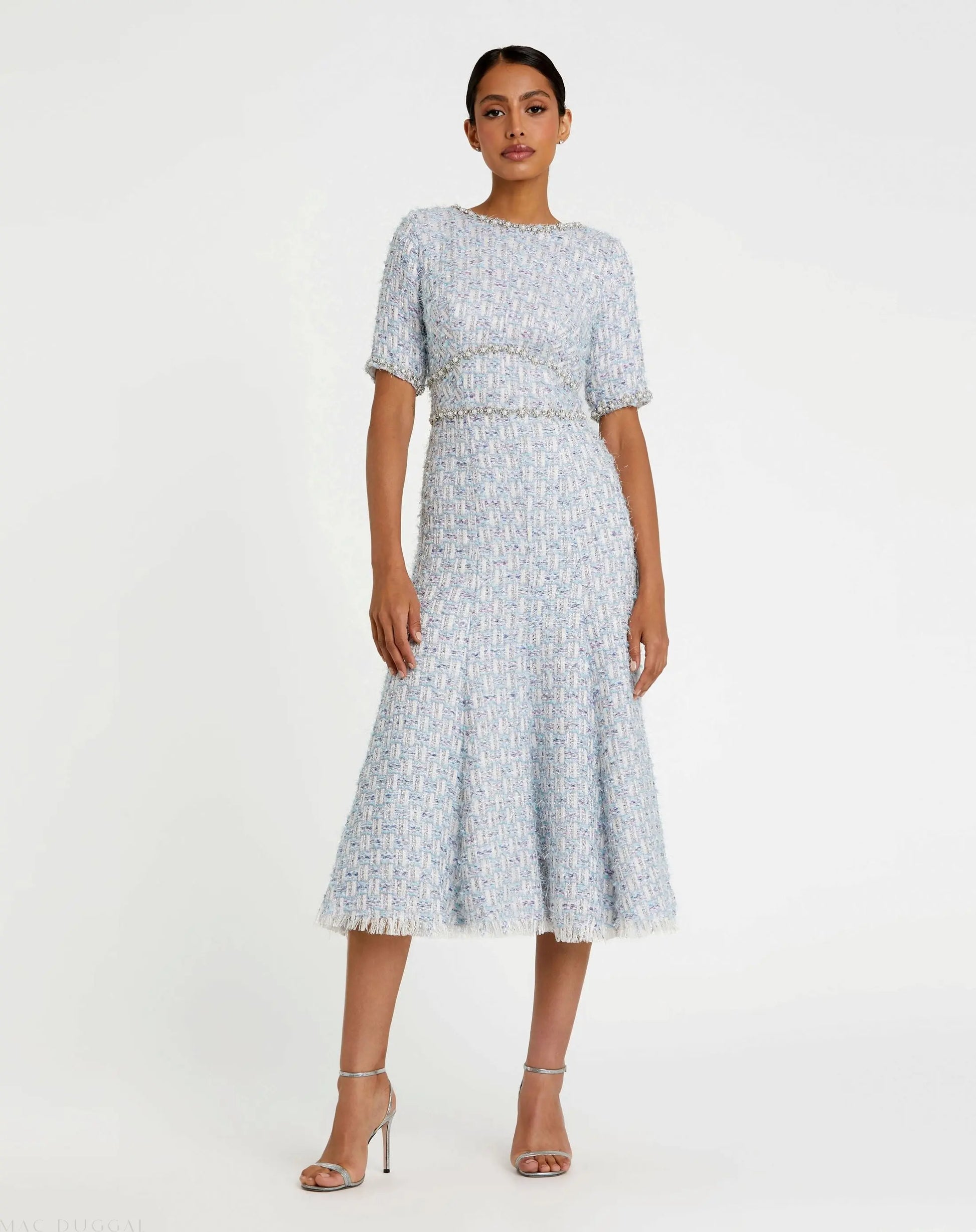Short Sleeve Beaded Trim Boucle Midi Dress | Mac Duggal Short Sleeve Beaded Trim Boucle Midi Dress | Mac Duggal