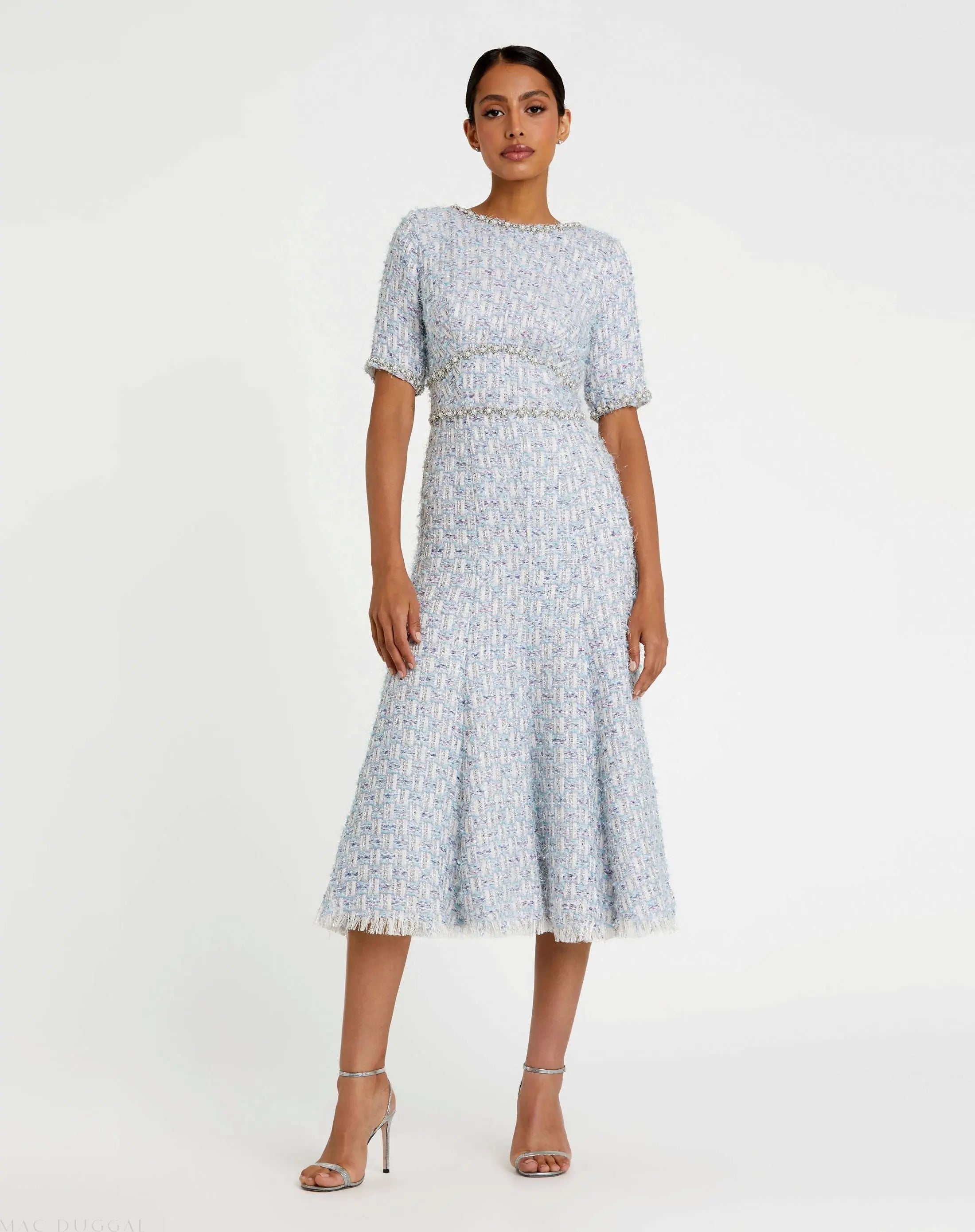 Beige Boucle Short Sleeve A Line Midi Dress Beige Boucle Short Sleeve A Line Midi Dress