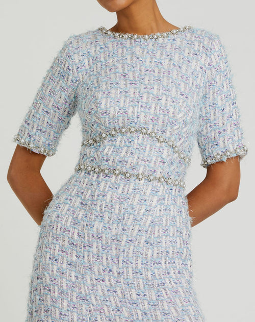 Short Sleeve Beaded Trim Boucle Midi Dress