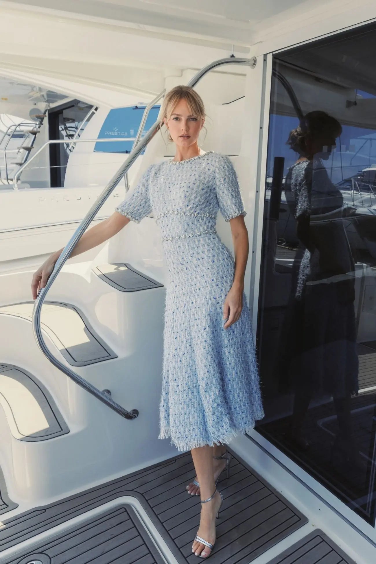 Blue Short Sleeve Beaded Trim Boucle Midi Dress - Mac Duggal Blue Short Sleeve Beaded Trim Boucle Midi Dress - Mac Duggal