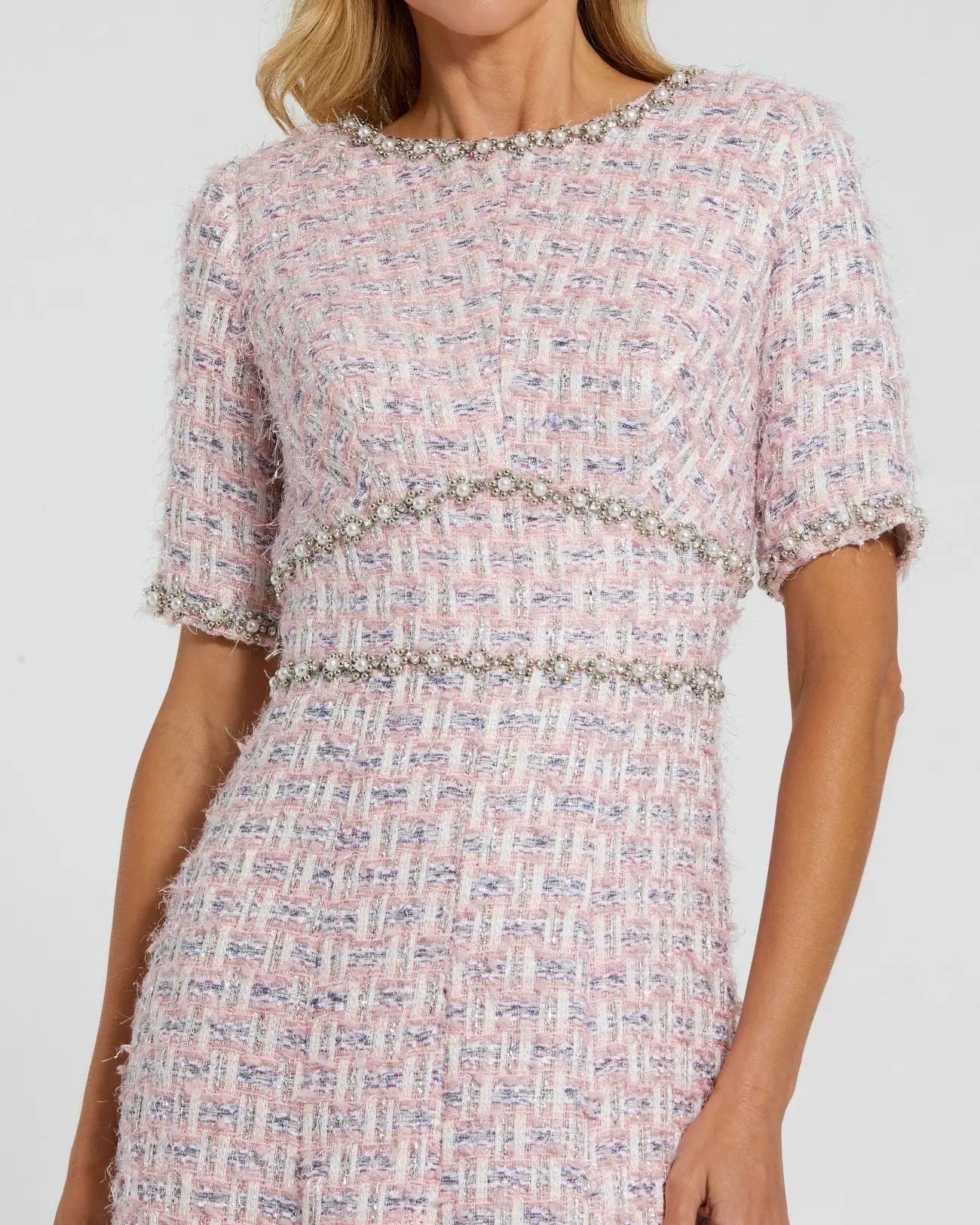 pink short midi dress Mac Duggal Women's Short Sleeve Beaded Trim Boucle Midi Dress - Pink - Size 2