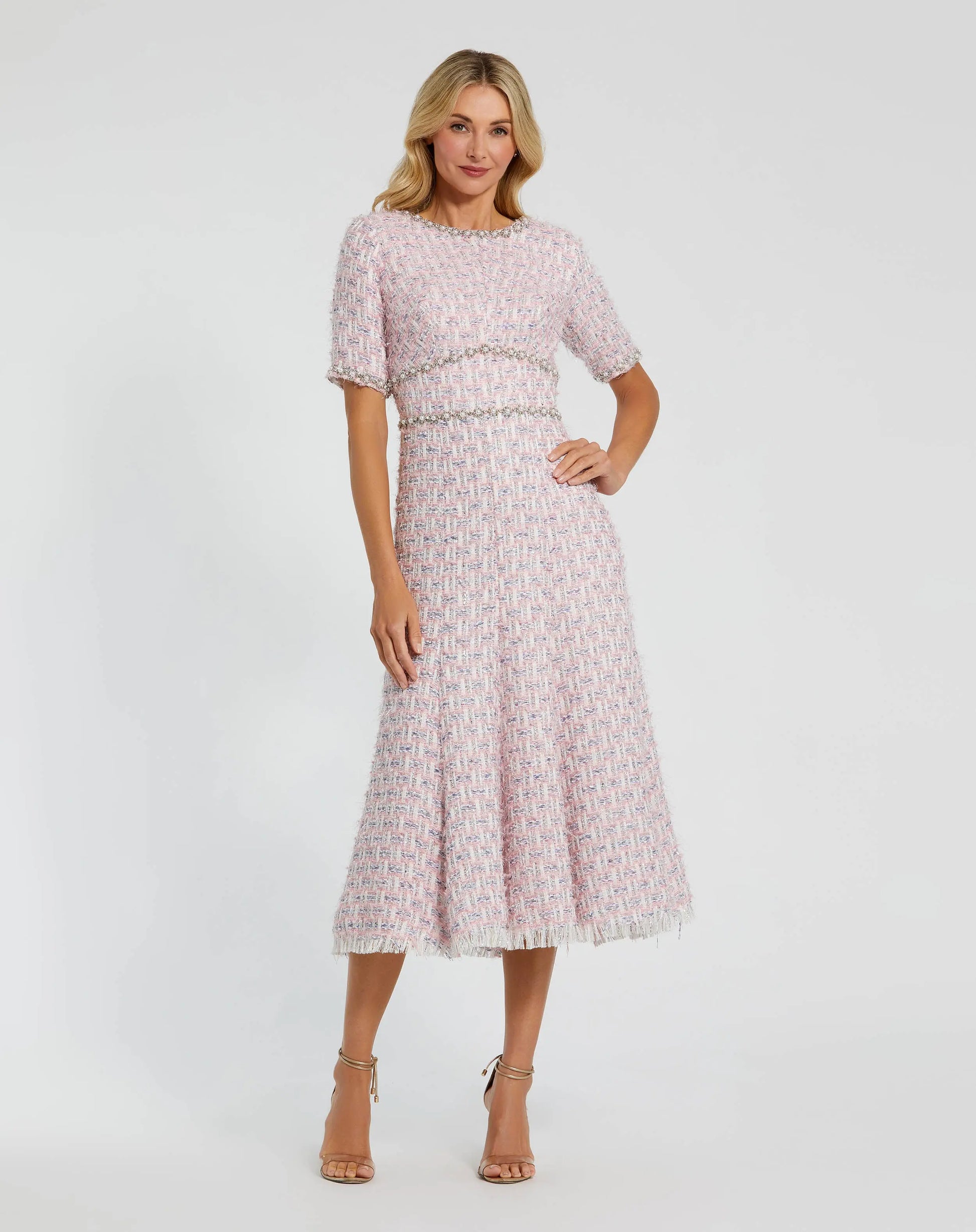 Mac Duggal Women's Short Sleeve Beaded Trim Boucle Midi Dress - Pink - Size 2 - Pink Multi Mac Duggal Women's Short Sleeve Beaded Trim Boucle Midi Dress - Pink - Size 2 - Pink Multi