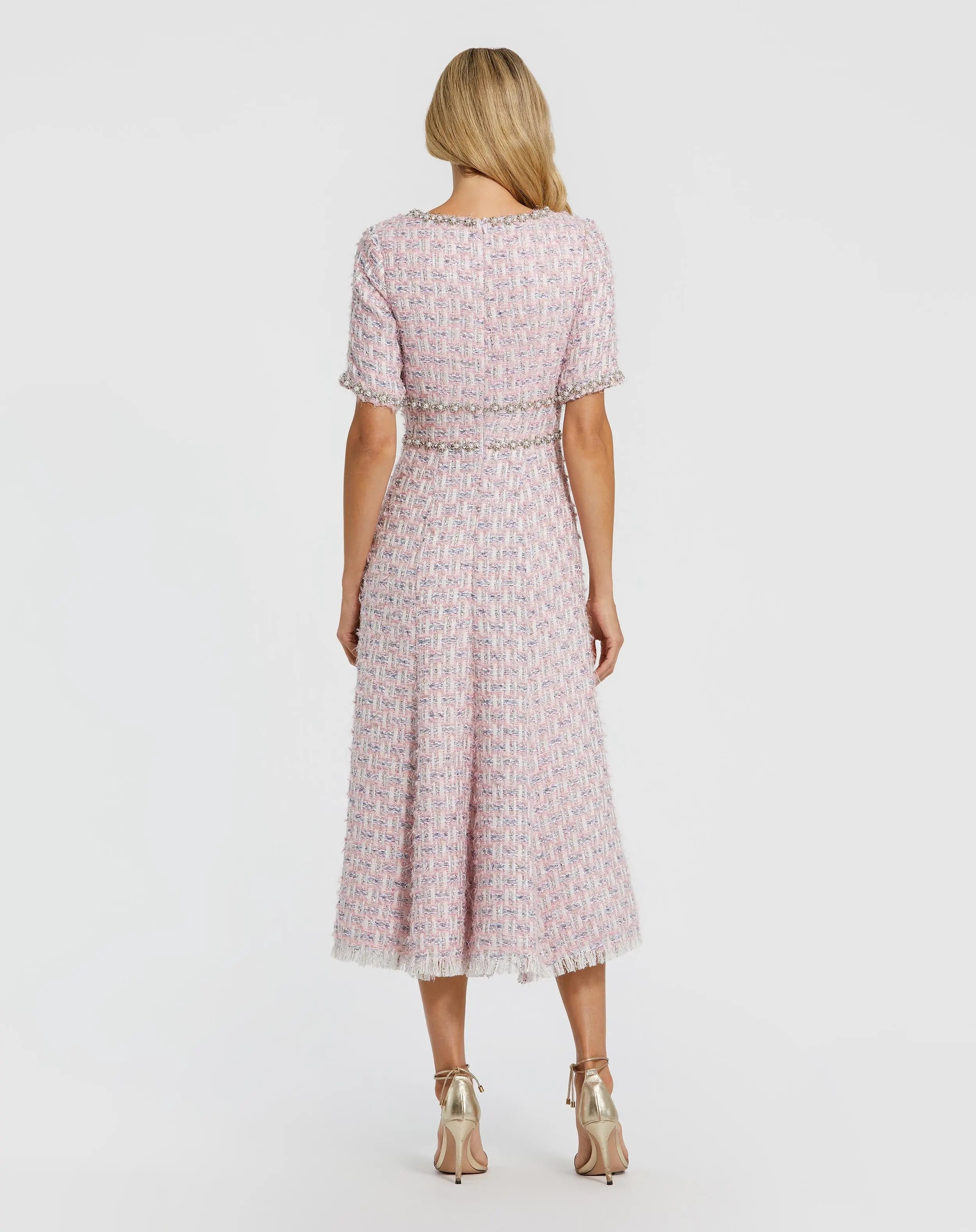 Pink Short Sleeve Beaded Trim Boucle Midi Dress Mac Duggal