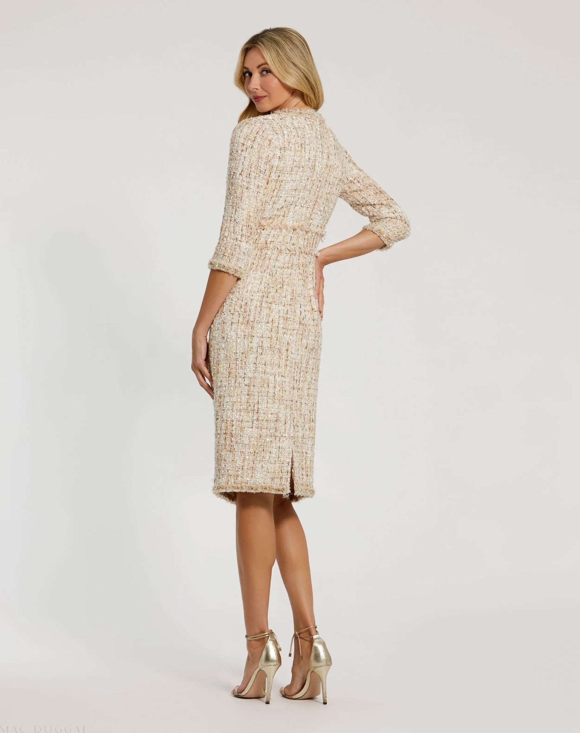 Beige Beaded Trim Boucle Midi Dress with 3/4 Sleeves | Mac Duggal Beige Beaded Trim Boucle Midi Dress with 3/4 Sleeves | Mac Duggal