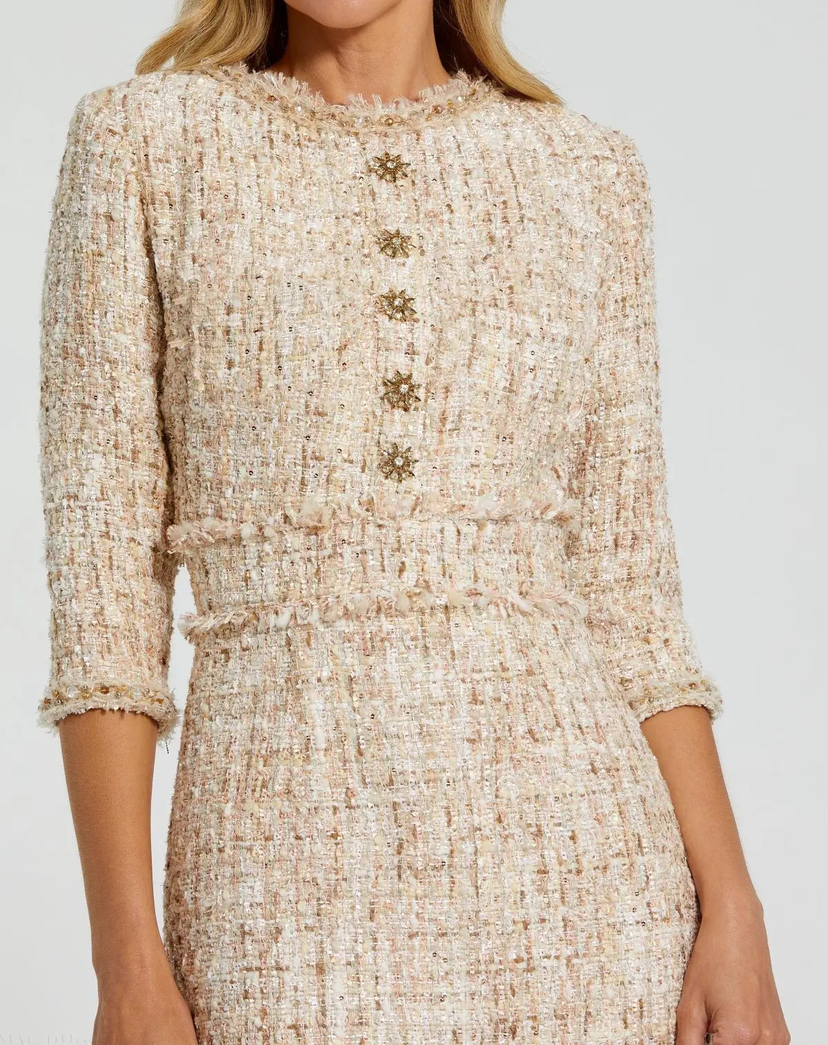 Beige Beaded Trim Boucle Midi Dress with 3/4 Sleeves | Mac Duggal Beige Beaded Trim Boucle Midi Dress with 3/4 Sleeves | Mac Duggal