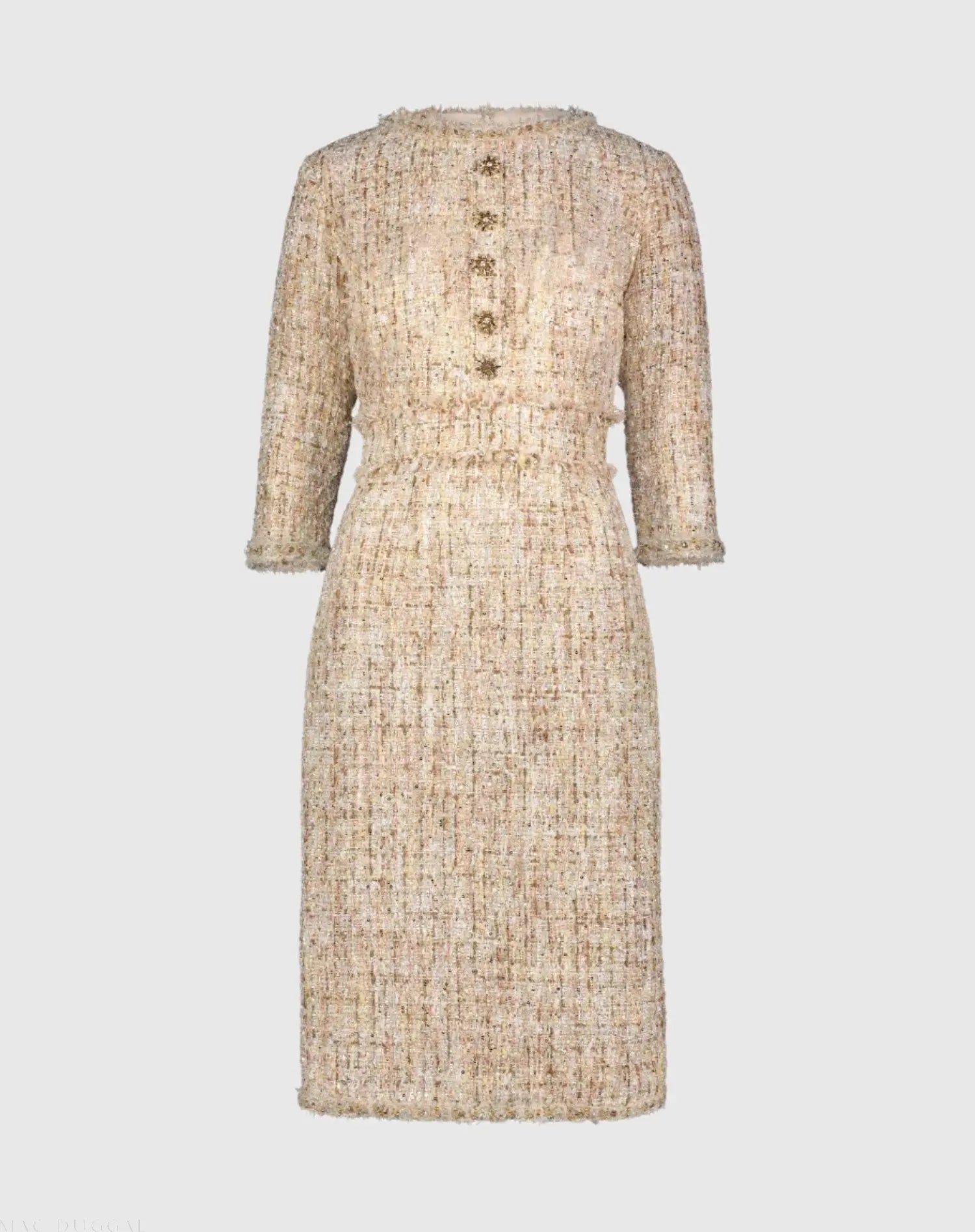 Beige Beaded Trim Boucle Midi Dress with 3/4 Sleeves | Mac Duggal Beige Beaded Trim Boucle Midi Dress with 3/4 Sleeves | Mac Duggal