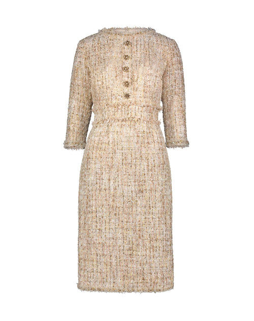 3/4 Sleeve Beaded Trim Patch Pocket Tweed Midi Dress