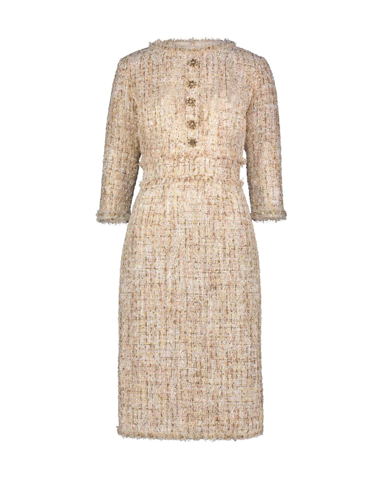 3/4 Sleeve Beaded Trim Patch Pocket Tweed Midi Dress