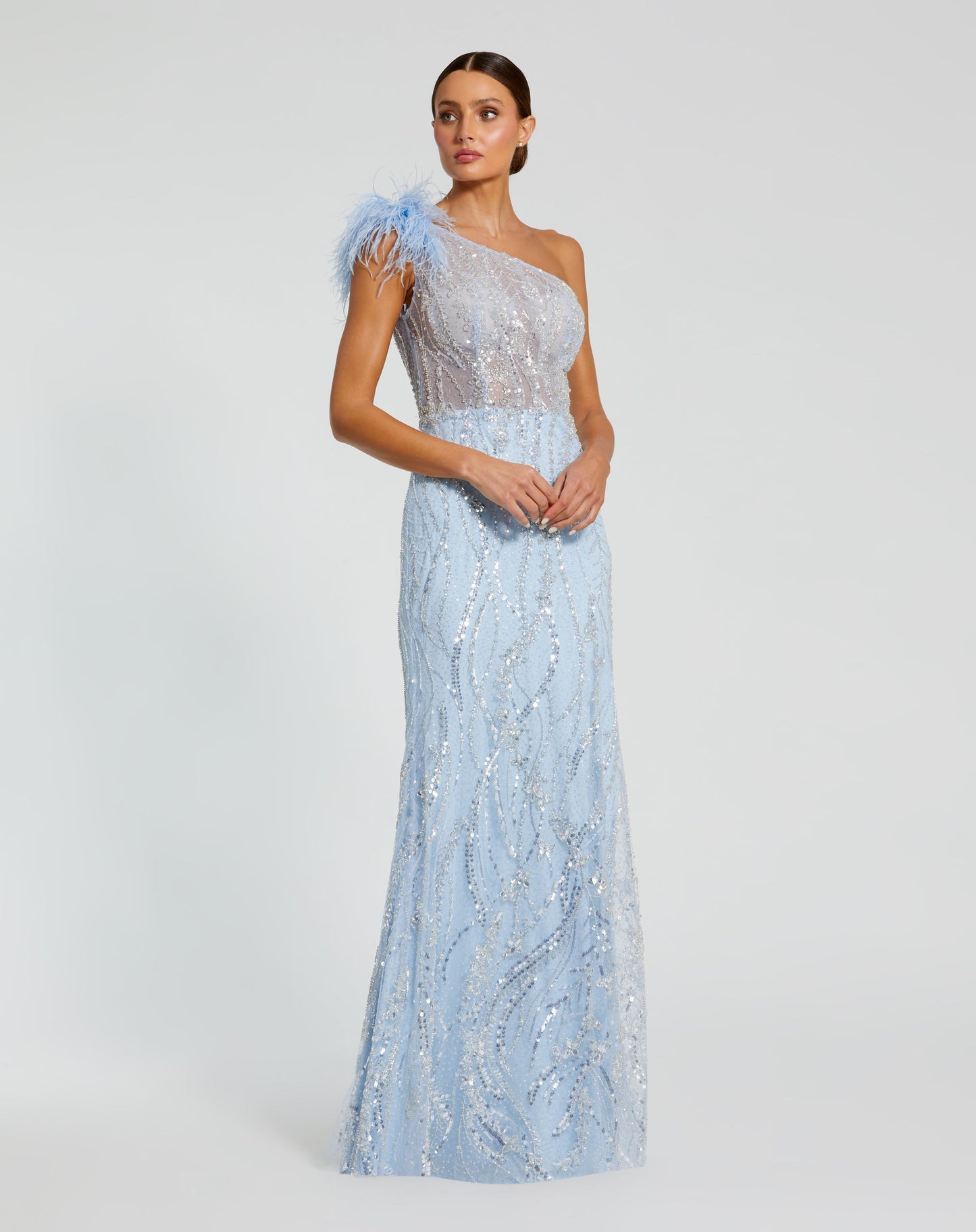 Feathered One Shoulder Embroidered Applique Gown