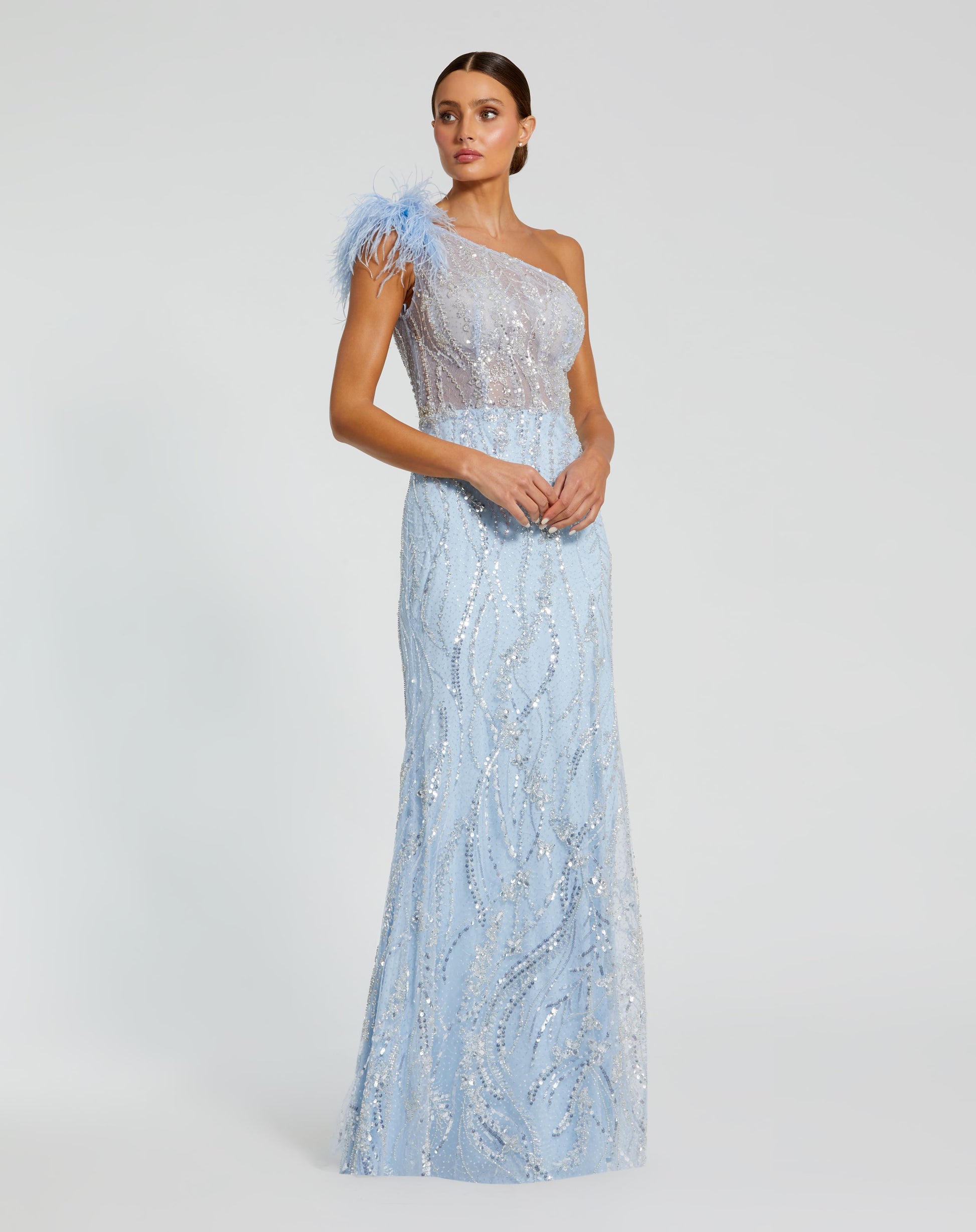 Feathered One Shoulder Embroidered Applique Gown