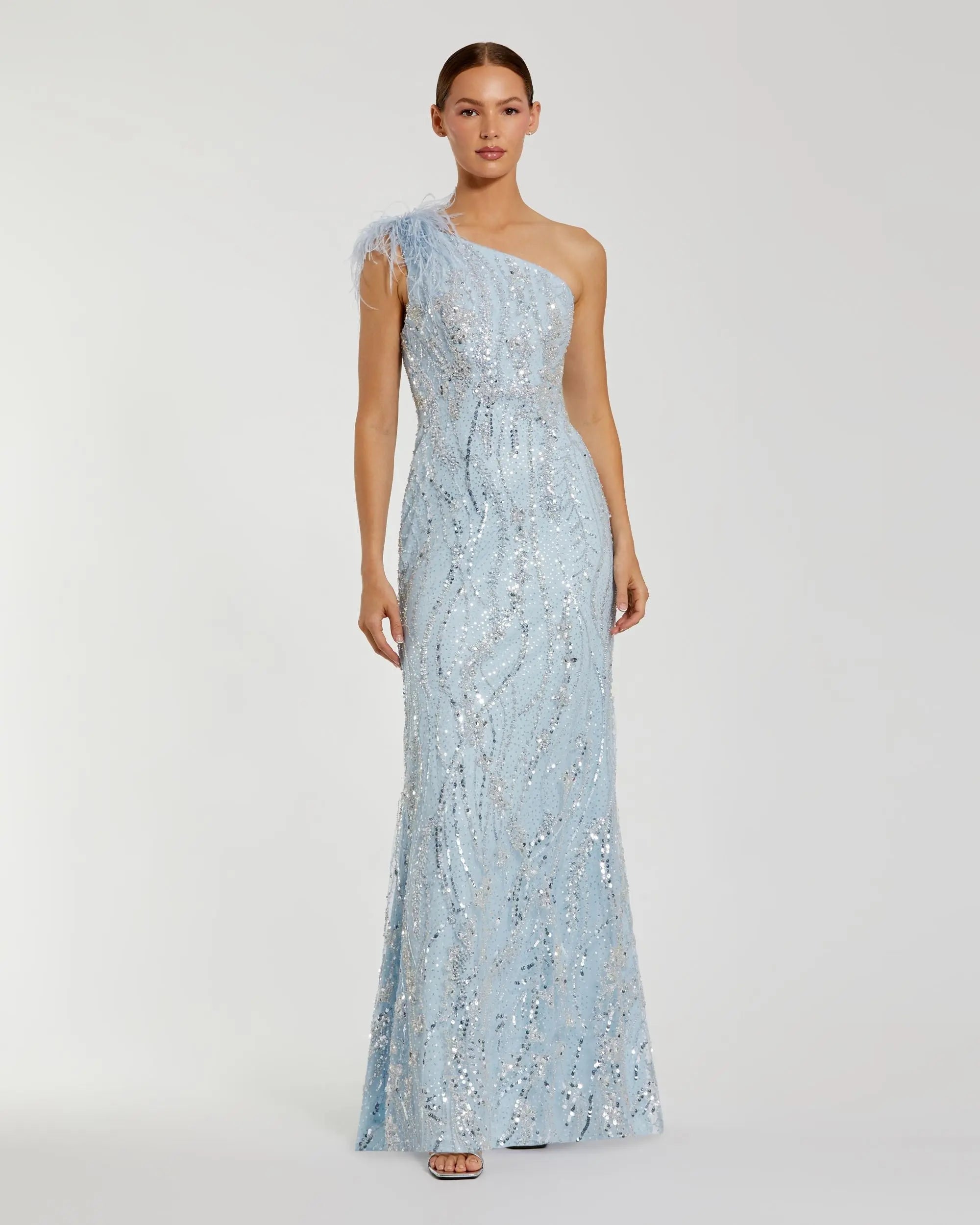 Blue Feathered One Shoulder Embellished Applique Gown - Mac Duggal