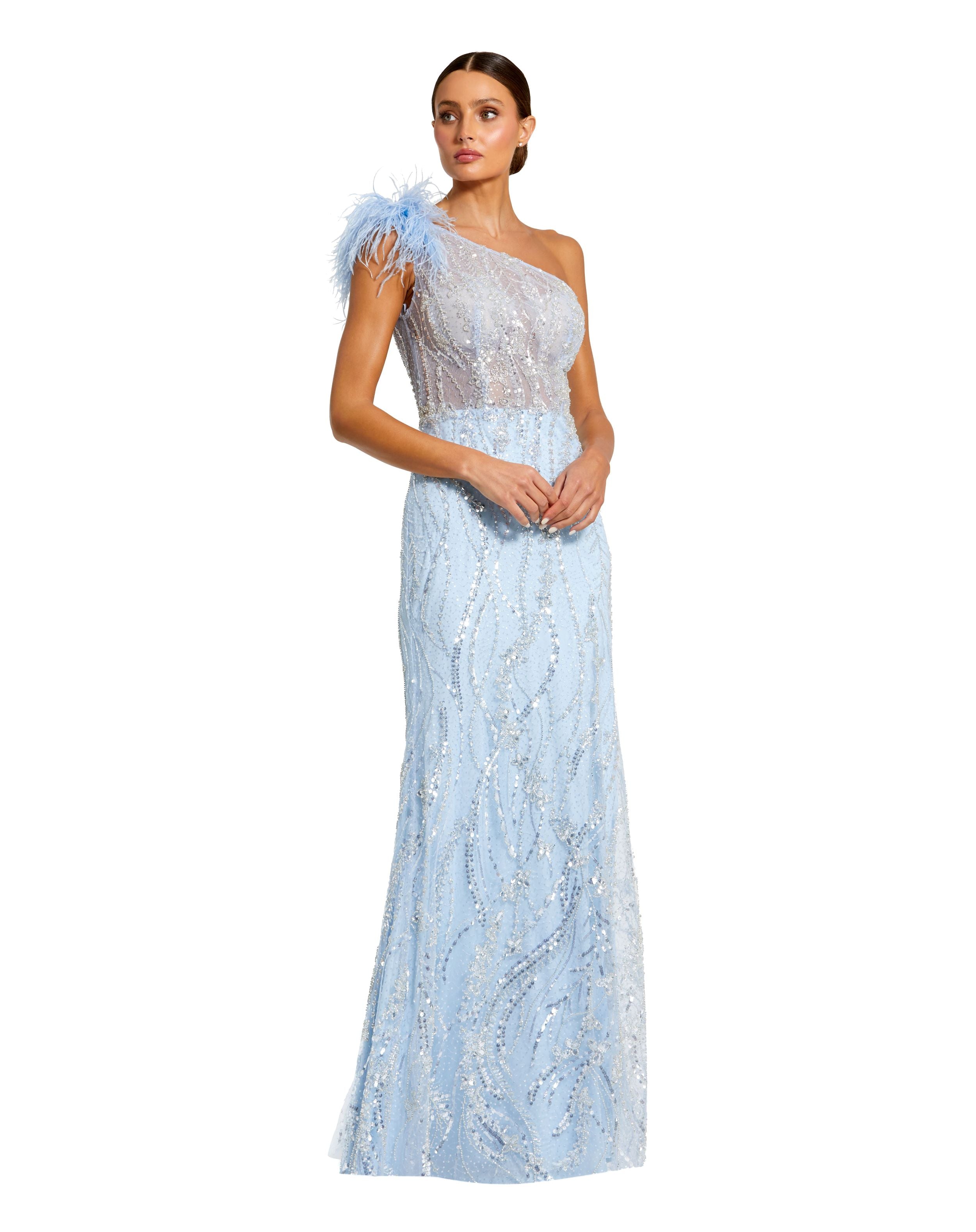Feathered One Shoulder Embroidered Applique Gown