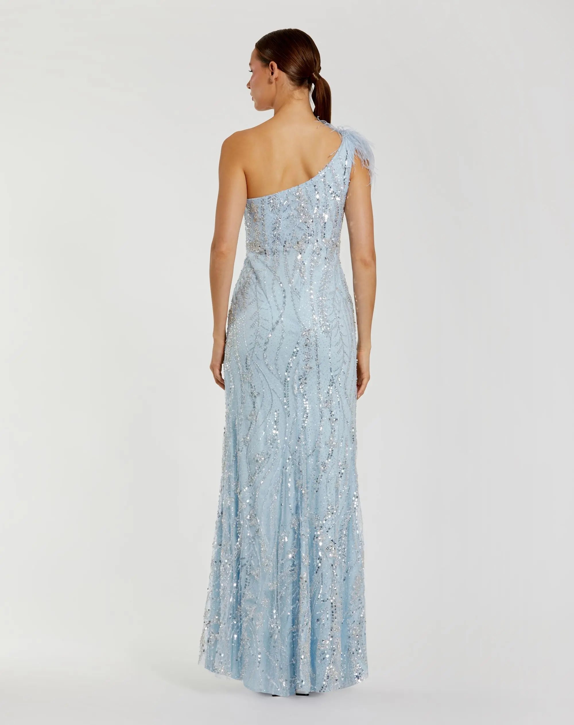 Blue Feathered One Shoulder Embellished Applique Gown - Mac Duggal