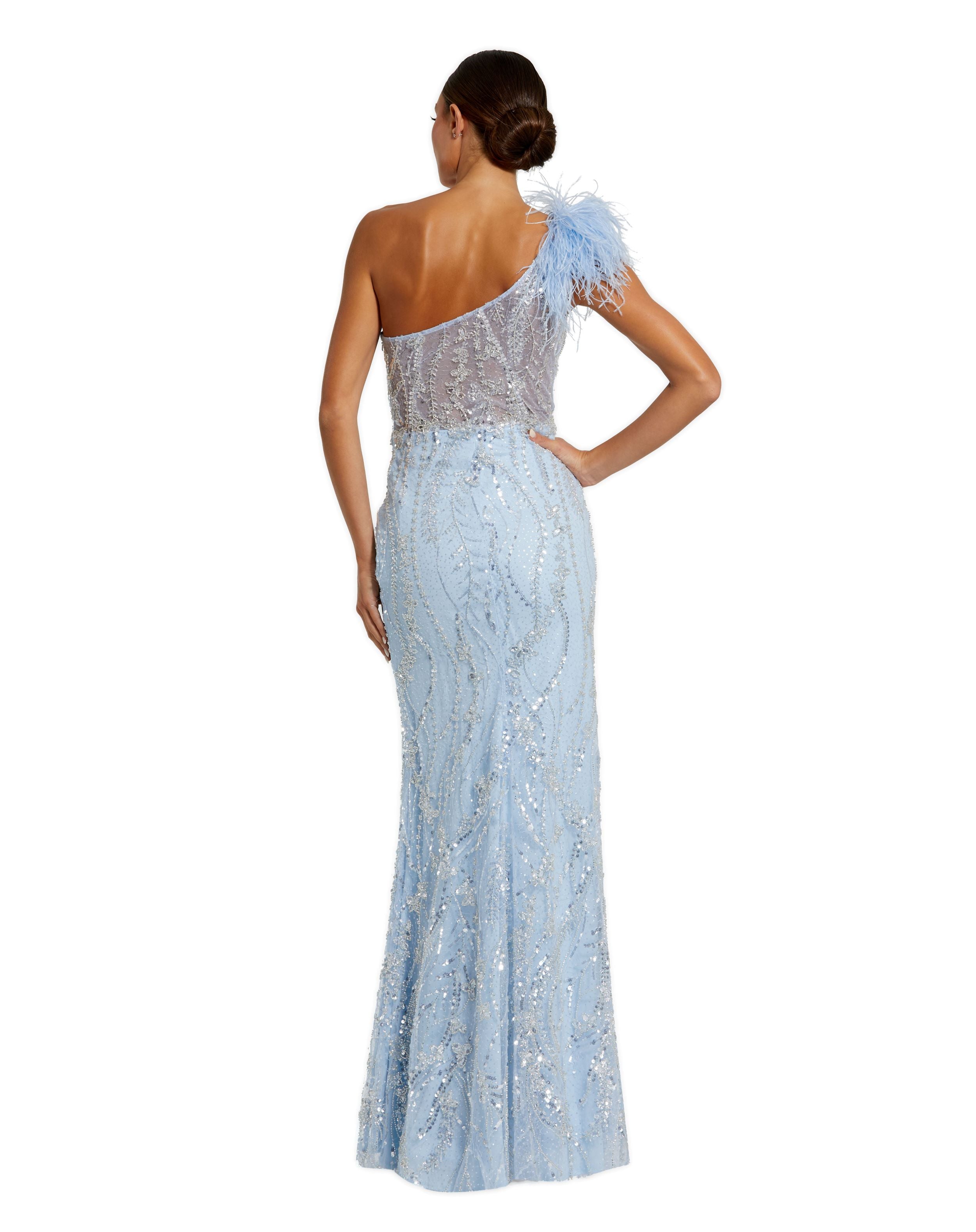 Feathered One Shoulder Embroidered Applique Gown