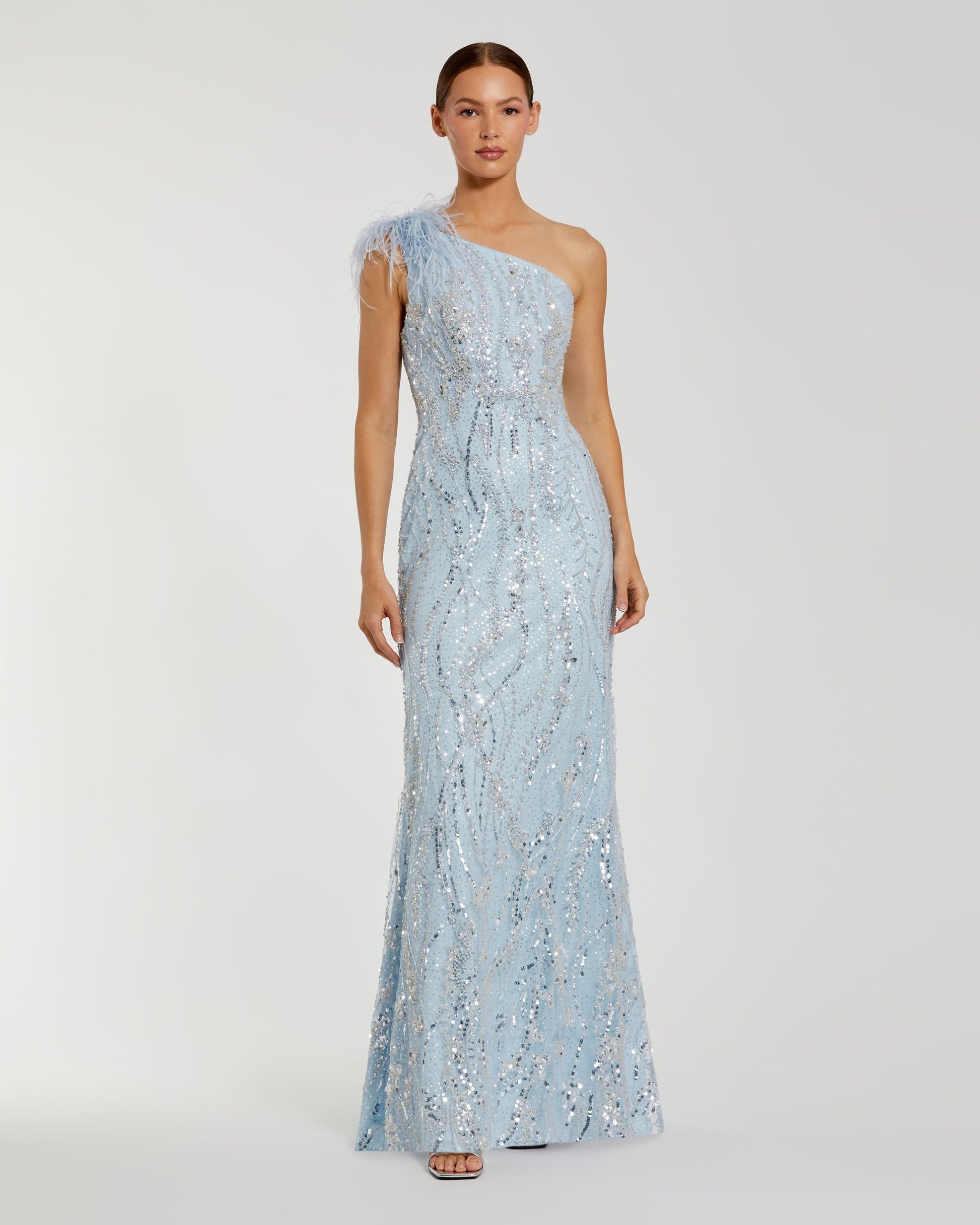 Feathered One Shoulder Embroidered Applique Gown