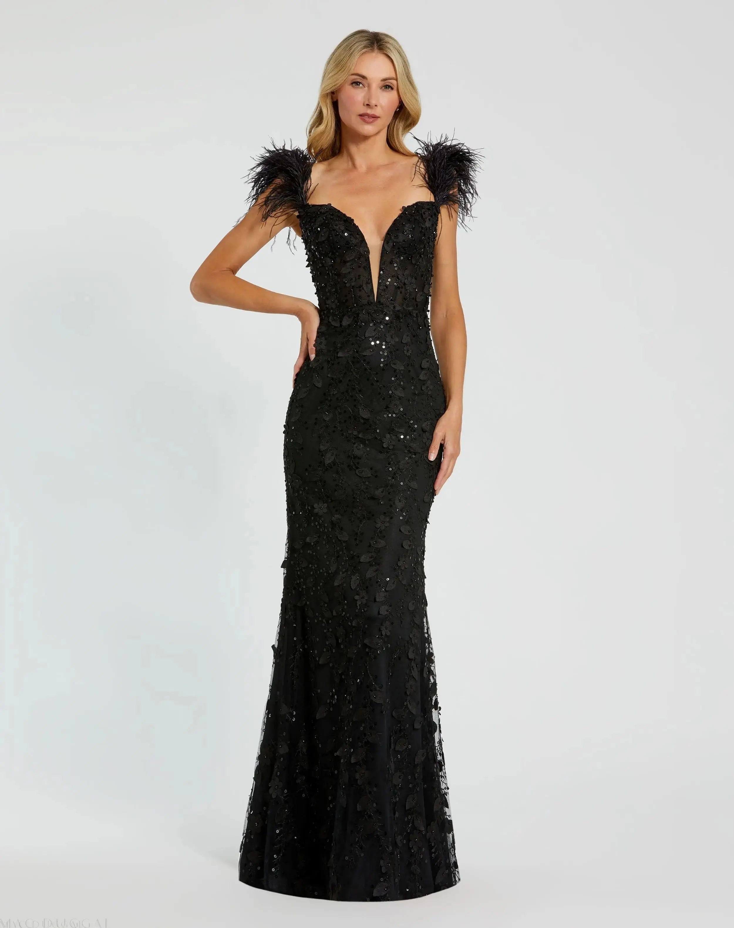 Black Sheer Applique Bustier Gown with Feather Straps - Mac Duggal
