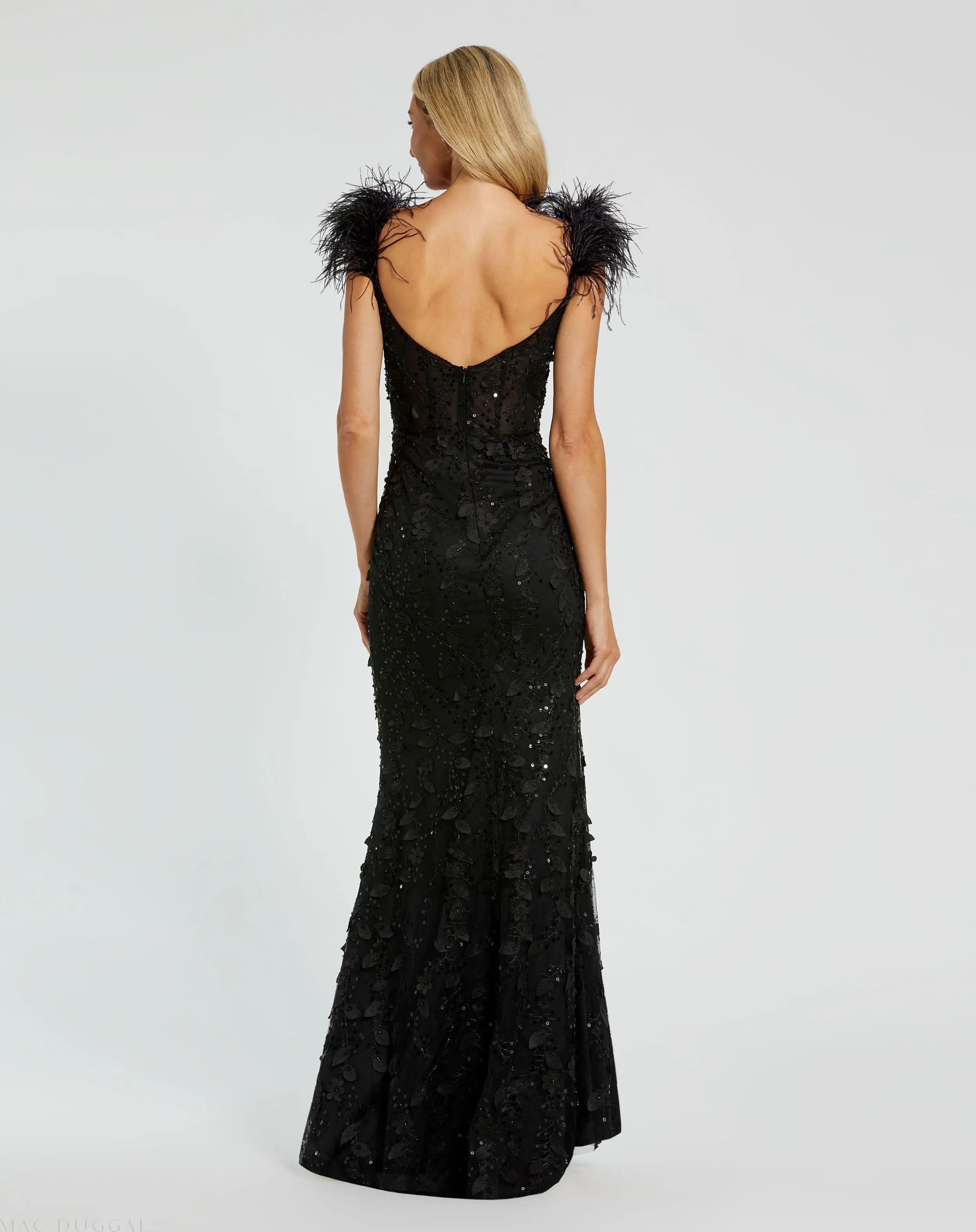 Black Sheer Applique Bustier Gown with Feather Straps - Mac Duggal