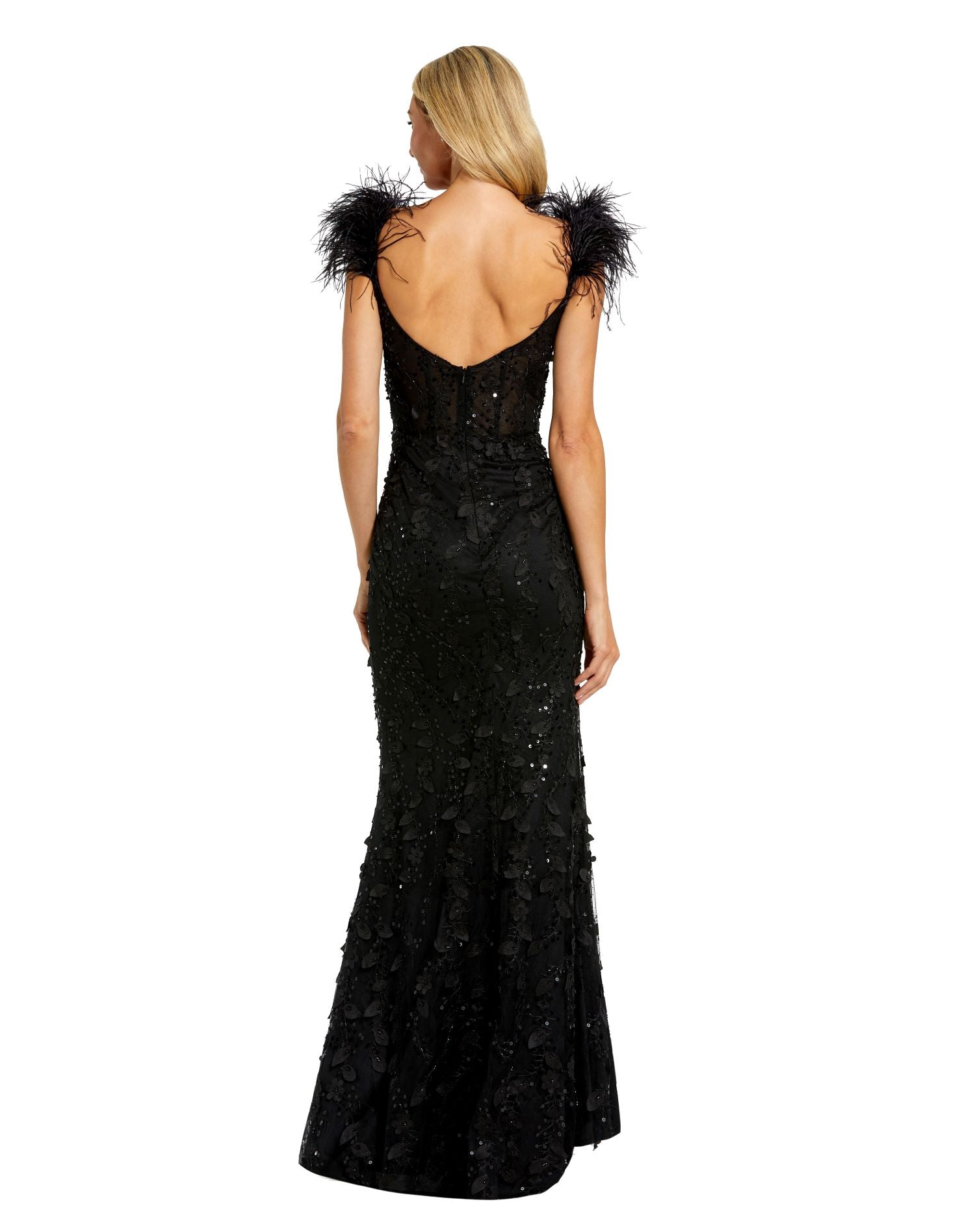 Sheer Applique Bustier Gown with Feather Straps