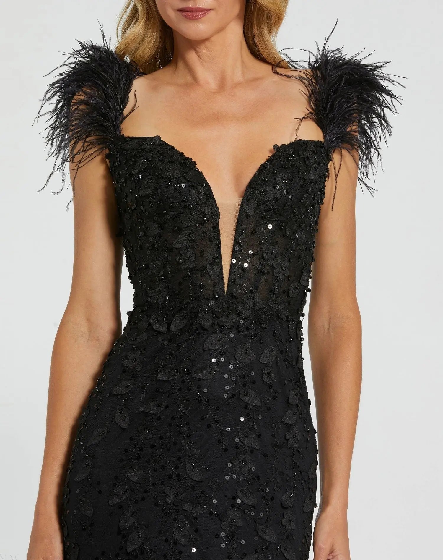Black Sheer Applique Bustier Gown with Feather Straps - Mac Duggal