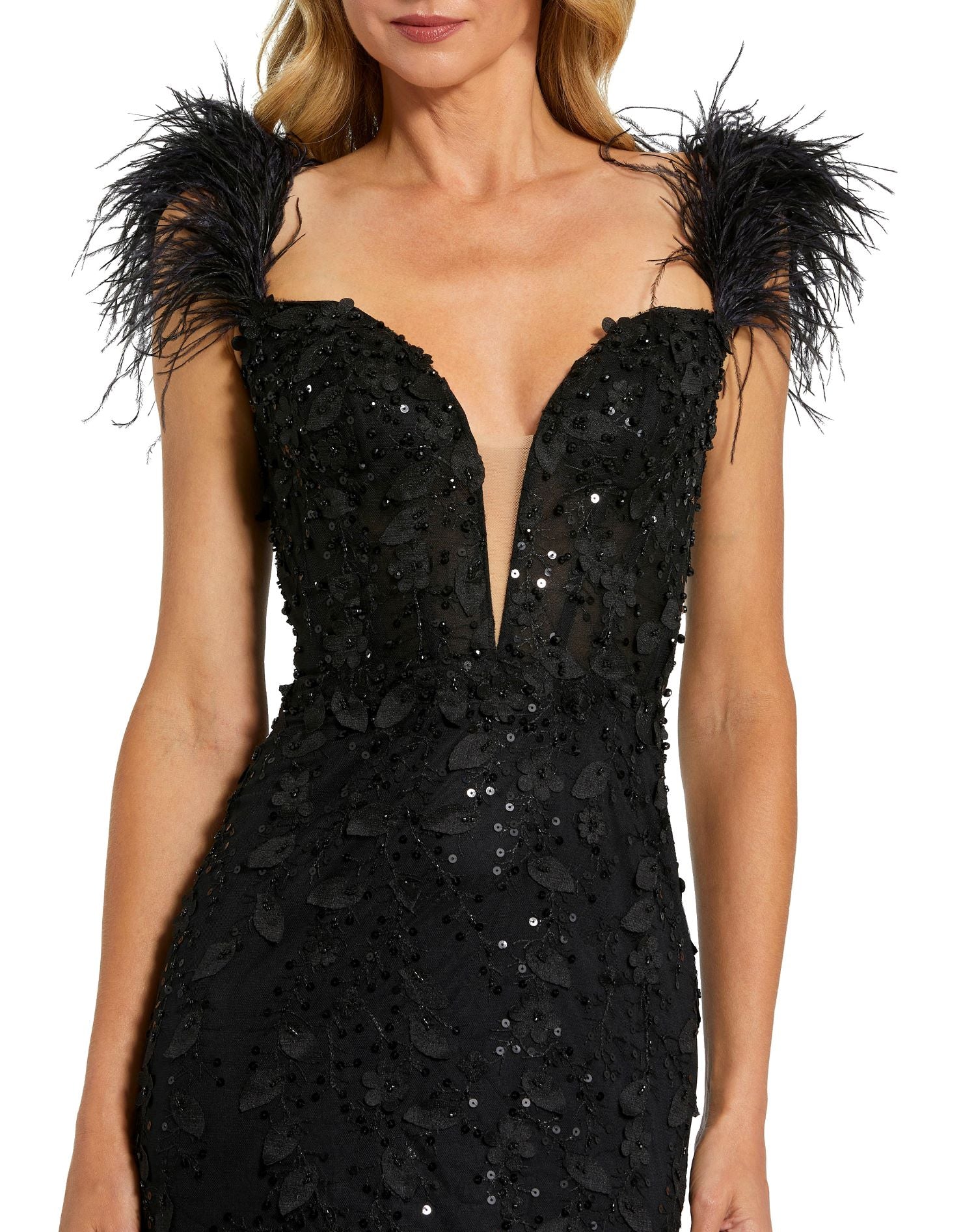 Sheer Applique Bustier Gown with Feather Straps