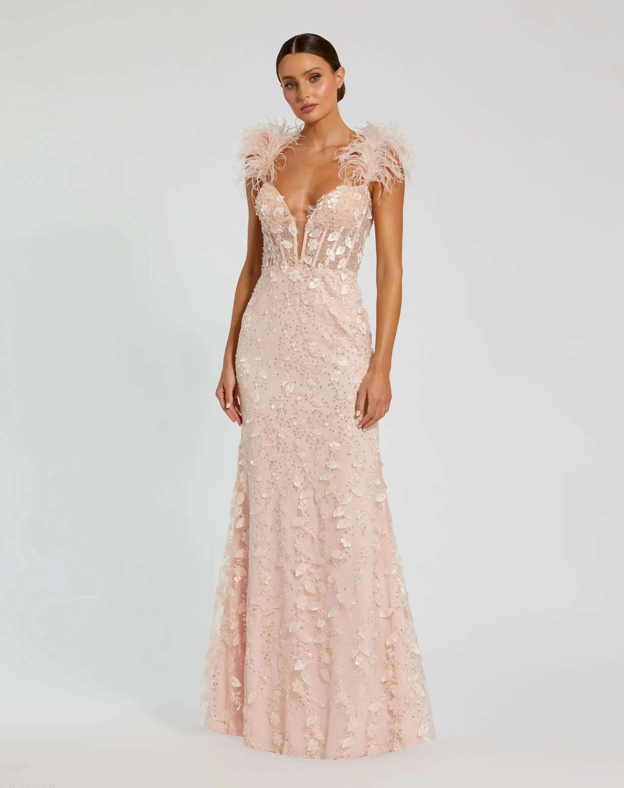 Pink Sheer Applique Bustier Gown with Feather Straps - Mac Duggal