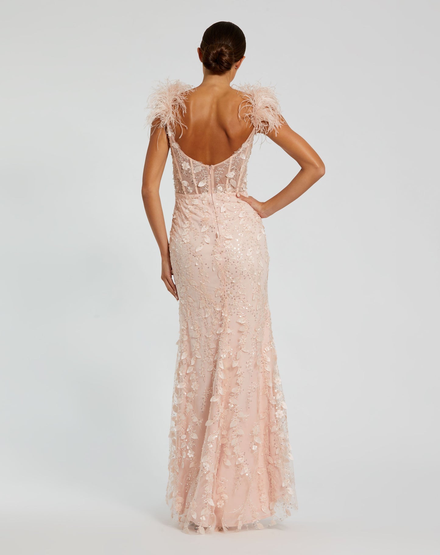 Pink Sheer Applique Bustier Gown with Feather Straps