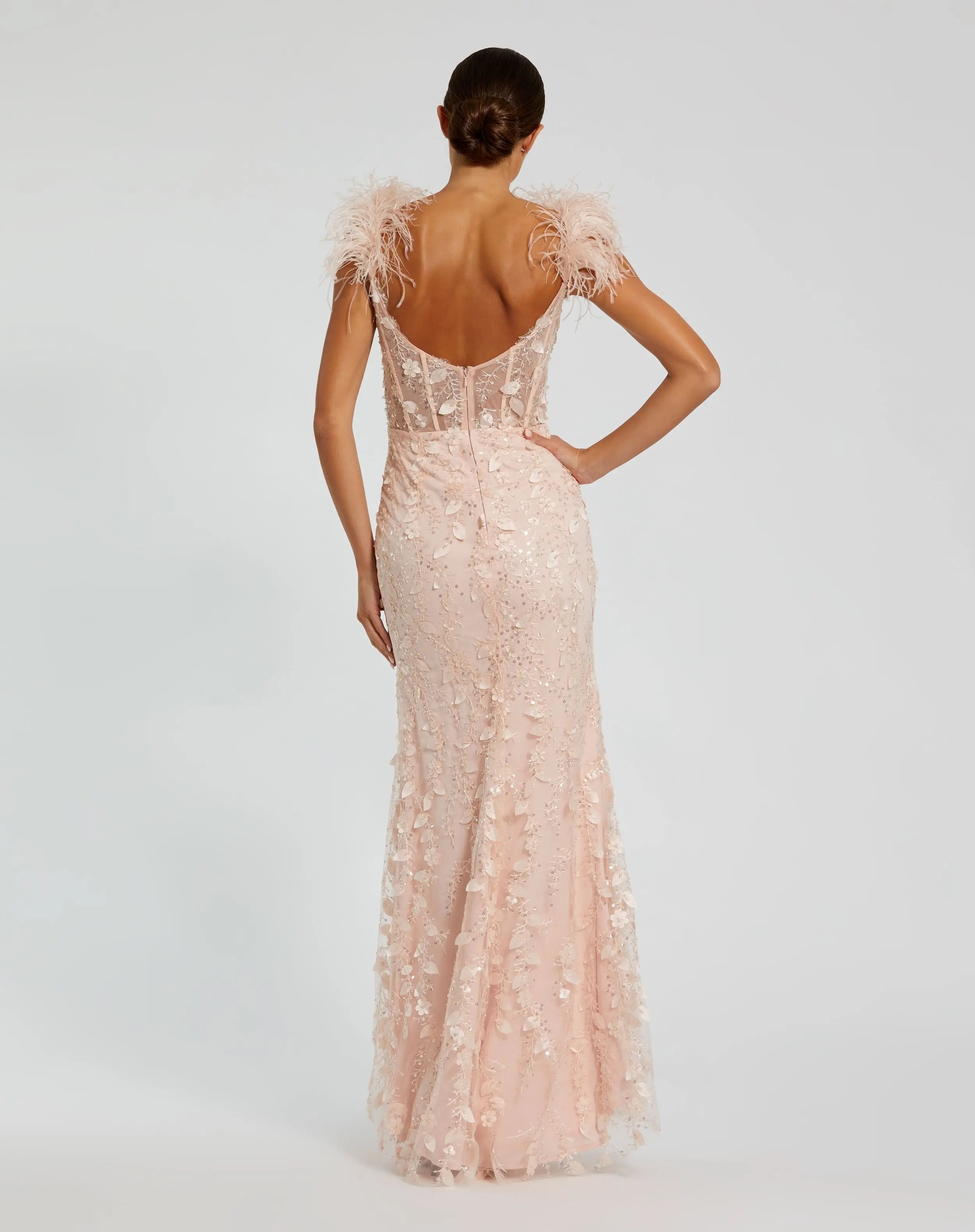 Pink Sheer Applique Bustier Gown with Feather Straps - Mac Duggal