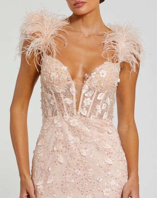 Sheer Applique Bustier Gown with Feather Straps